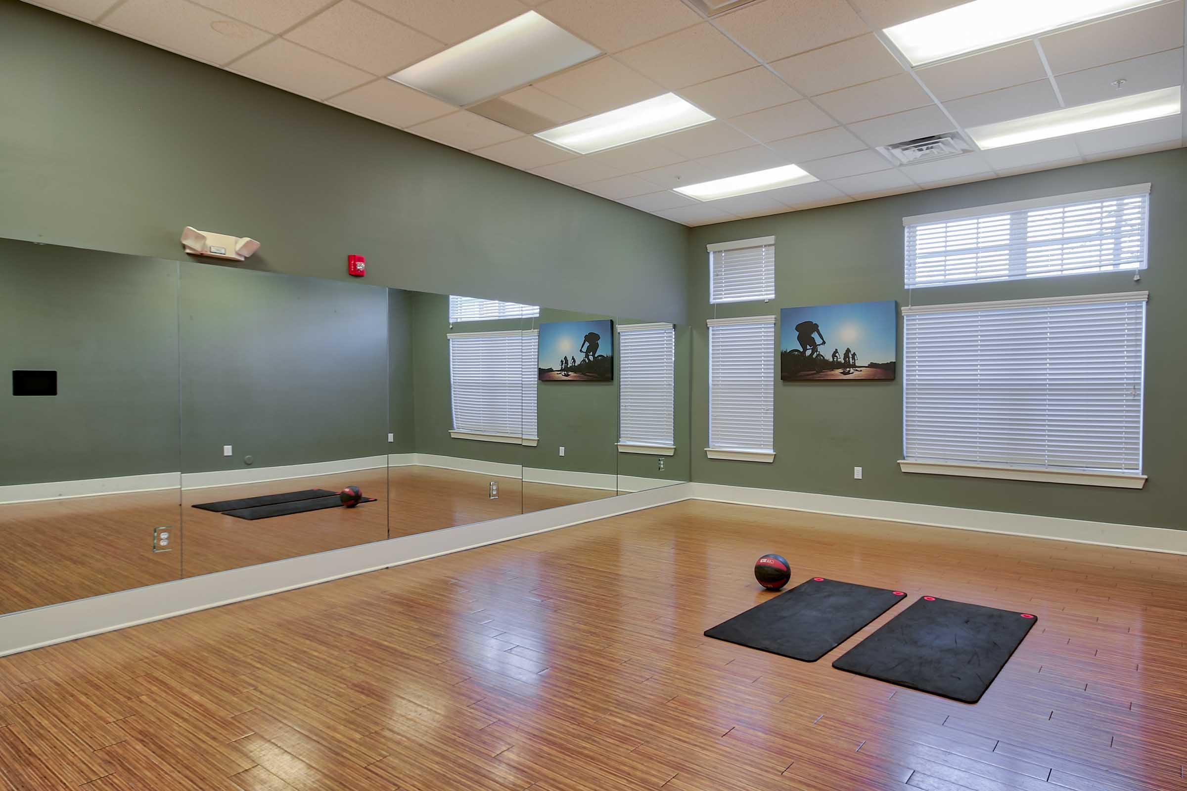 Empty fitness or yoga studio featuring two black exercise mats on a wooden floor, a wall mirror, and large windows with white blinds. A motivational mural with silhouettes of trees is visible on one wall. A basketball rests near the mats, indicating a space for workouts or classes.
