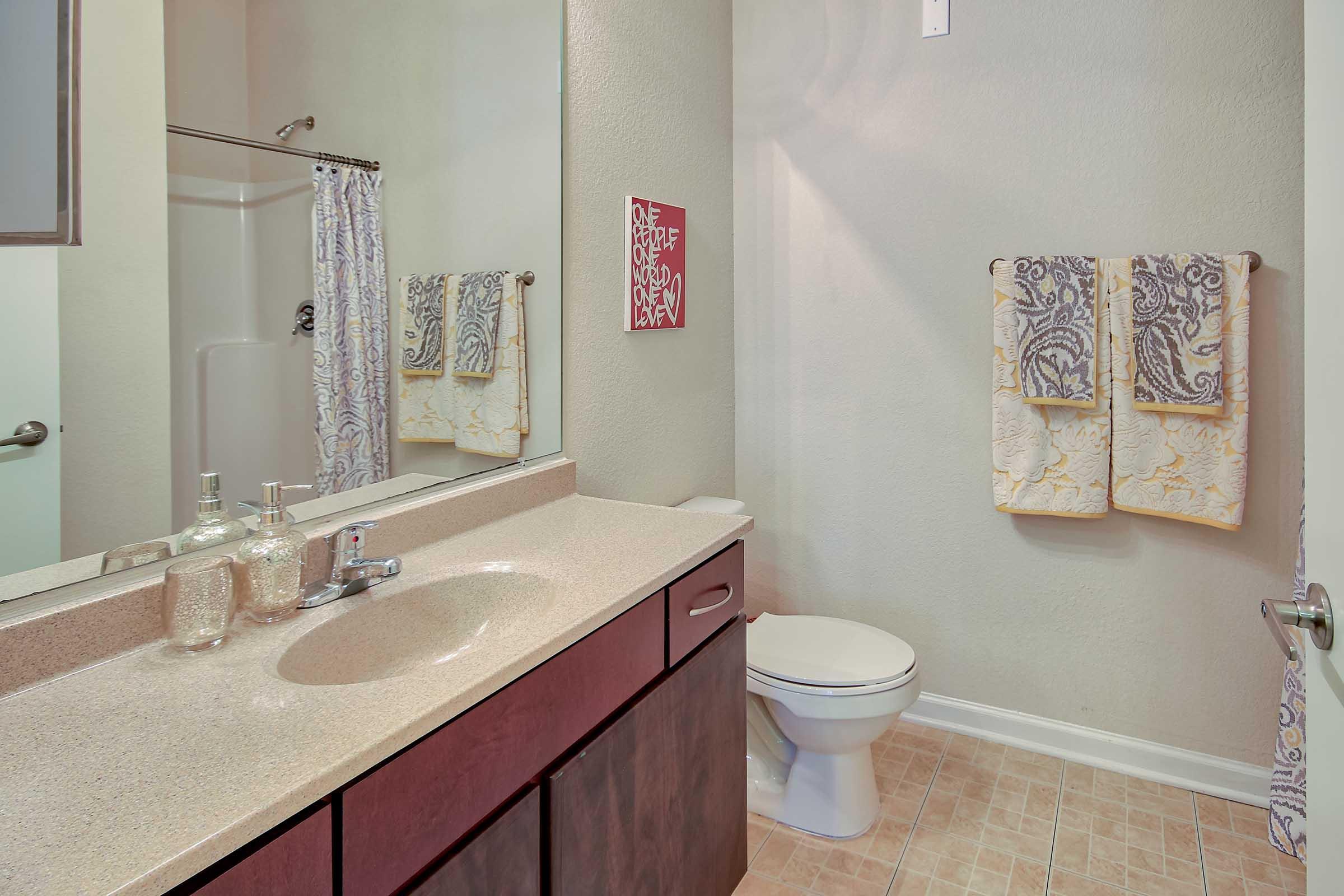 A modern bathroom featuring a single vanity with a granite countertop, a mirror above the sink, and decorative soap dispensers. There are two patterned towels hanging on the wall, a shower area with a curtain, and a toilet. The walls are painted a light color, creating a spacious feel. A small artwork is displayed on one wall.