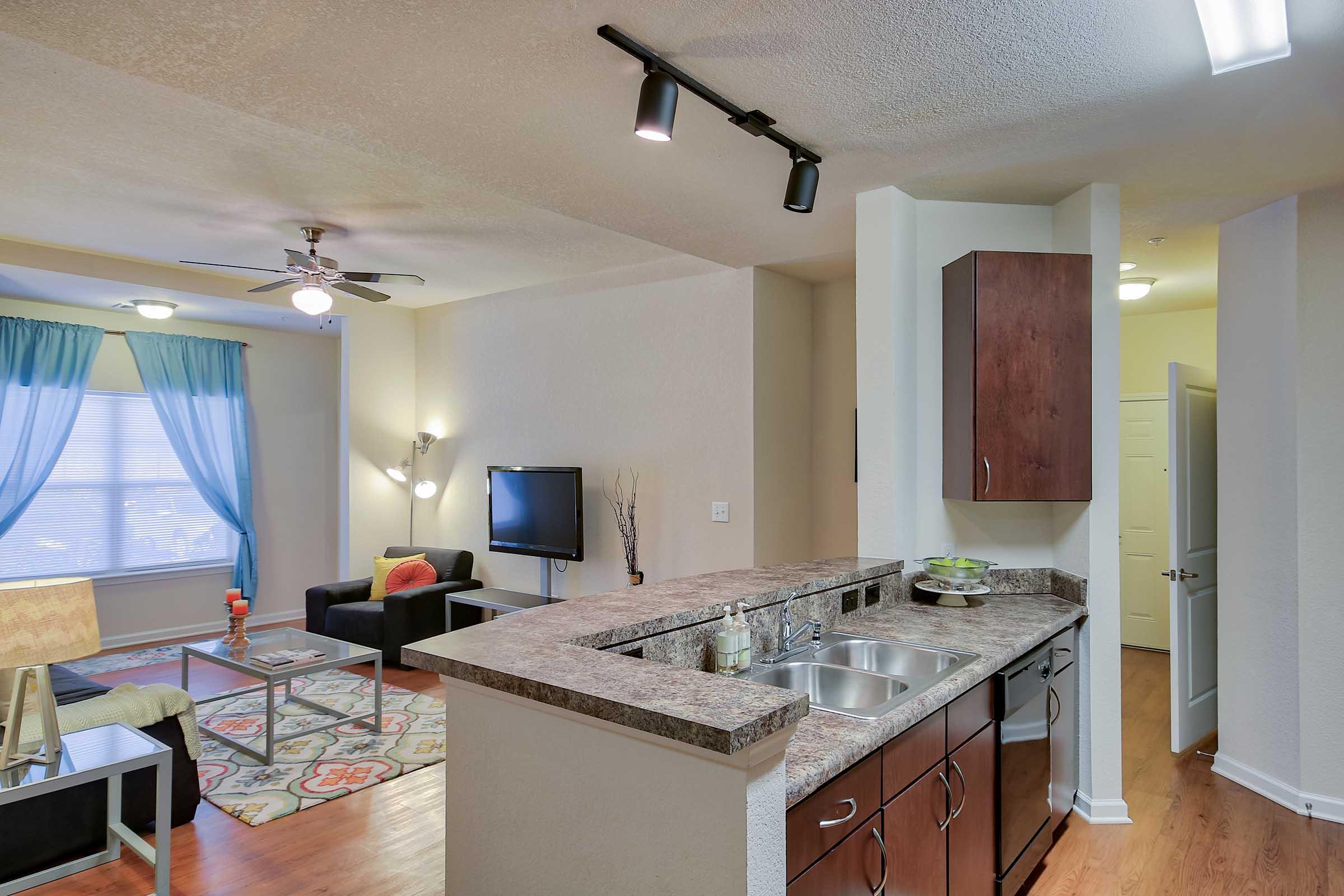 Interior view of a modern living space featuring a kitchen with dark wood cabinets and a small bar area, a cozy living room with a television, a patterned area rug, and large windows with light blue curtains. The space is well-lit and has a warm, inviting ambiance.