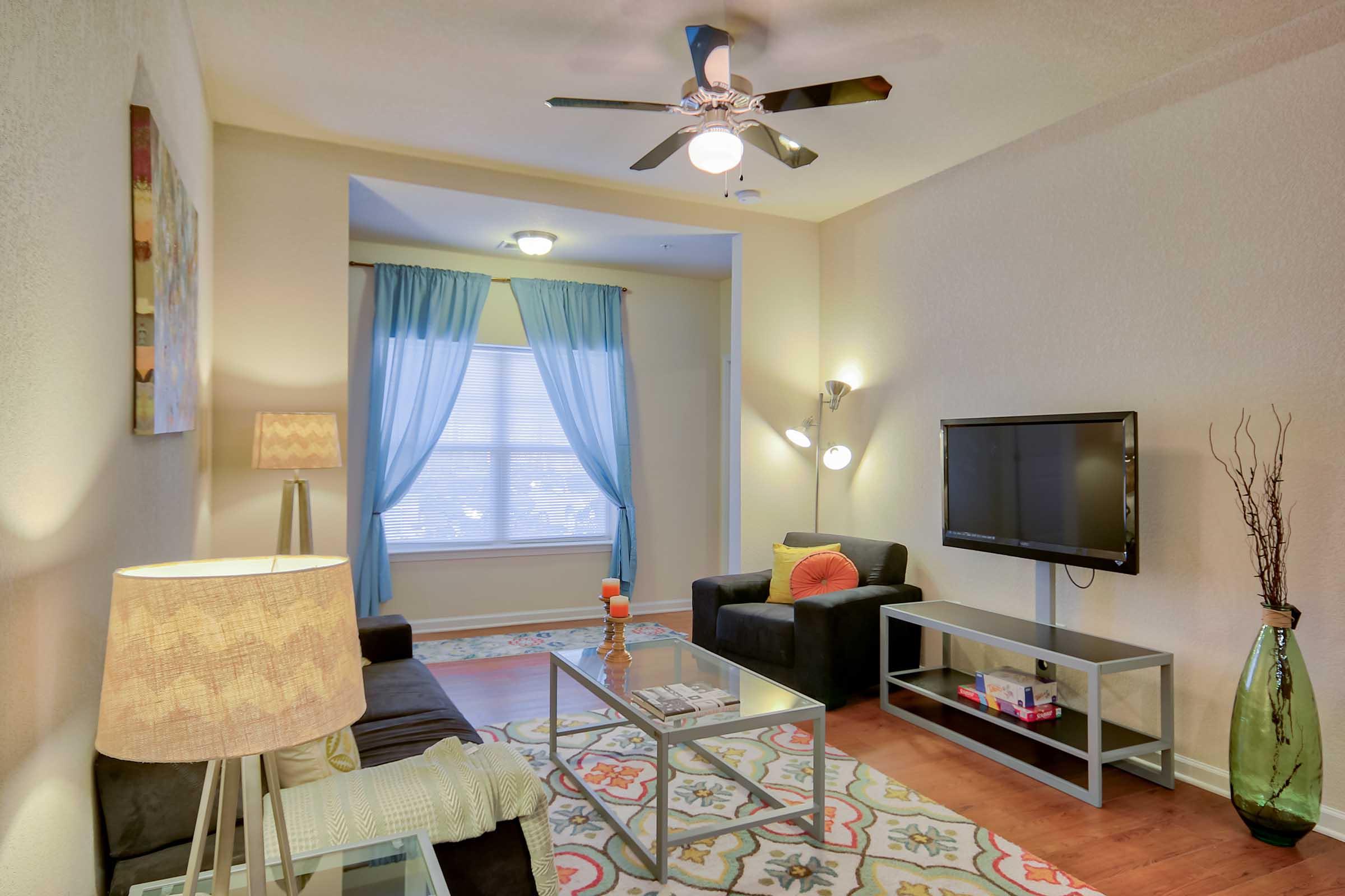 A cozy living room with modern furnishings. It features a black sofa, a decorative coffee table, and a bright rug. A lamp is on one side, while a large television is mounted on the wall. Light blue curtains frame a window, allowing natural light to brighten the space. A stylish vase and decorative items add charm.