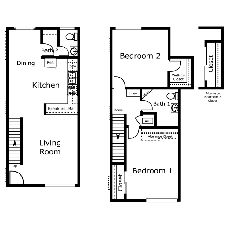 2 Bedroom Townhome, a 2 bedroom 1.5 bathroom floor plan.