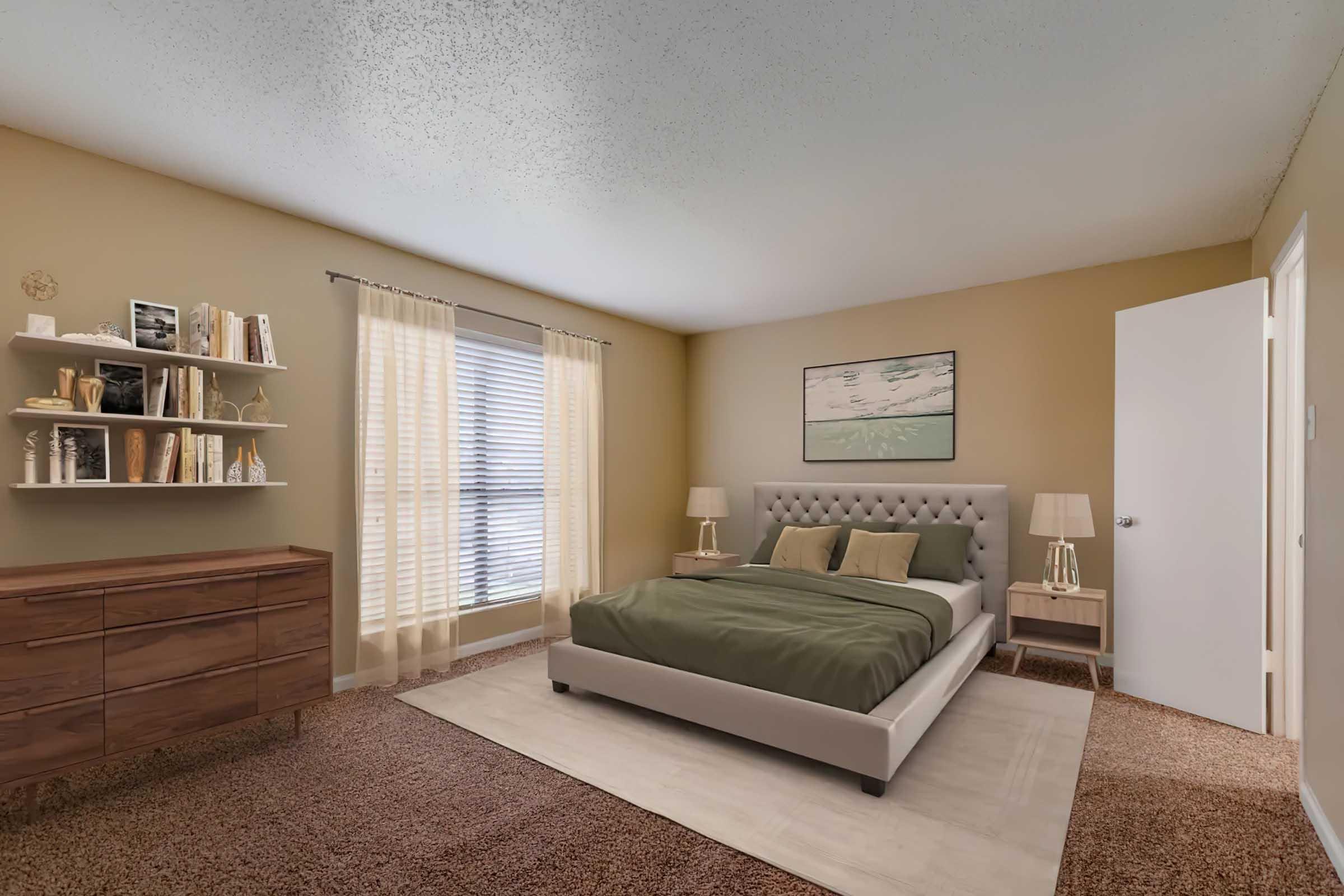 A cozy bedroom featuring a queen-sized bed with green bedding, two bedside tables with lamps, and a large window dressed with sheer curtains. A wooden dresser and a decorative bookshelf with various items are present, creating a warm and inviting atmosphere with neutral-colored walls and carpet.