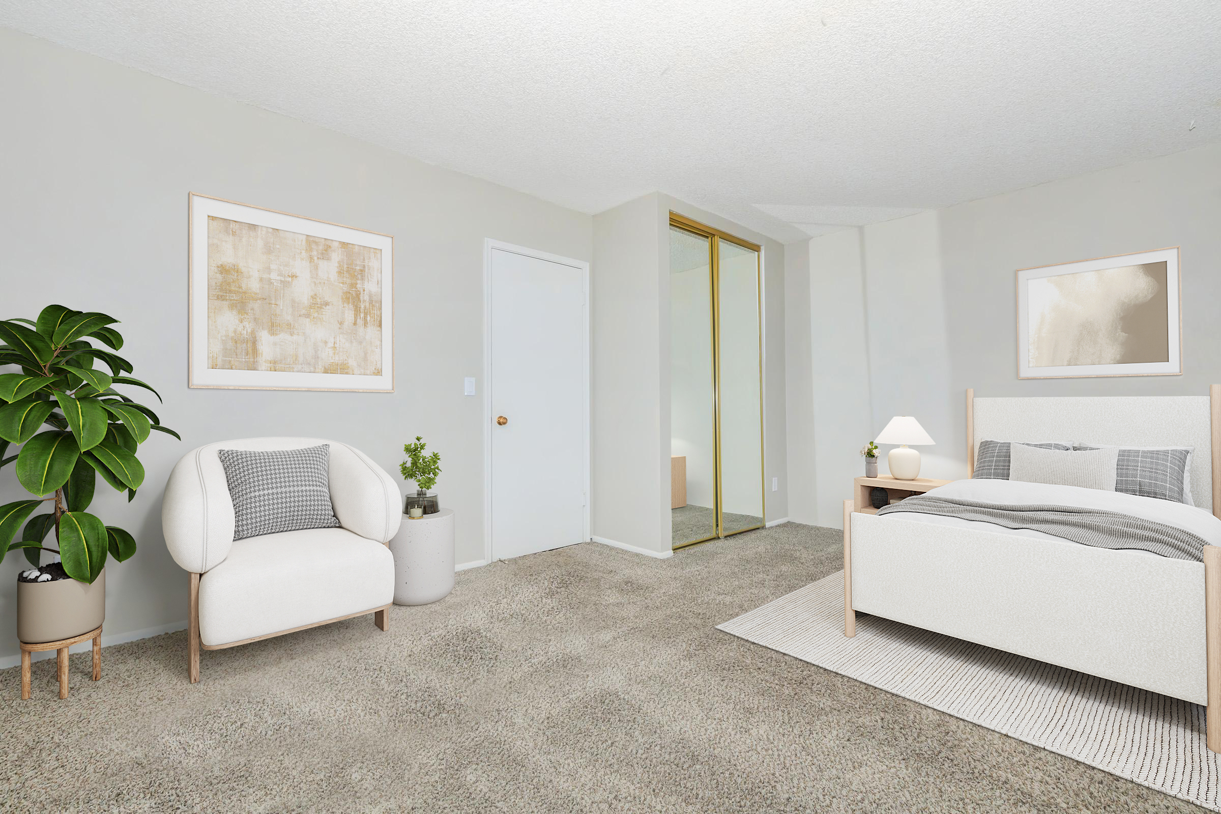 A cozy bedroom featuring a light-colored bed with gray and white bedding, a bedside lamp, and a modern armchair. There’s a potted plant in the corner, artwork on the walls, and a mirrored closet door. The carpet is light beige, creating a warm and inviting atmosphere.
