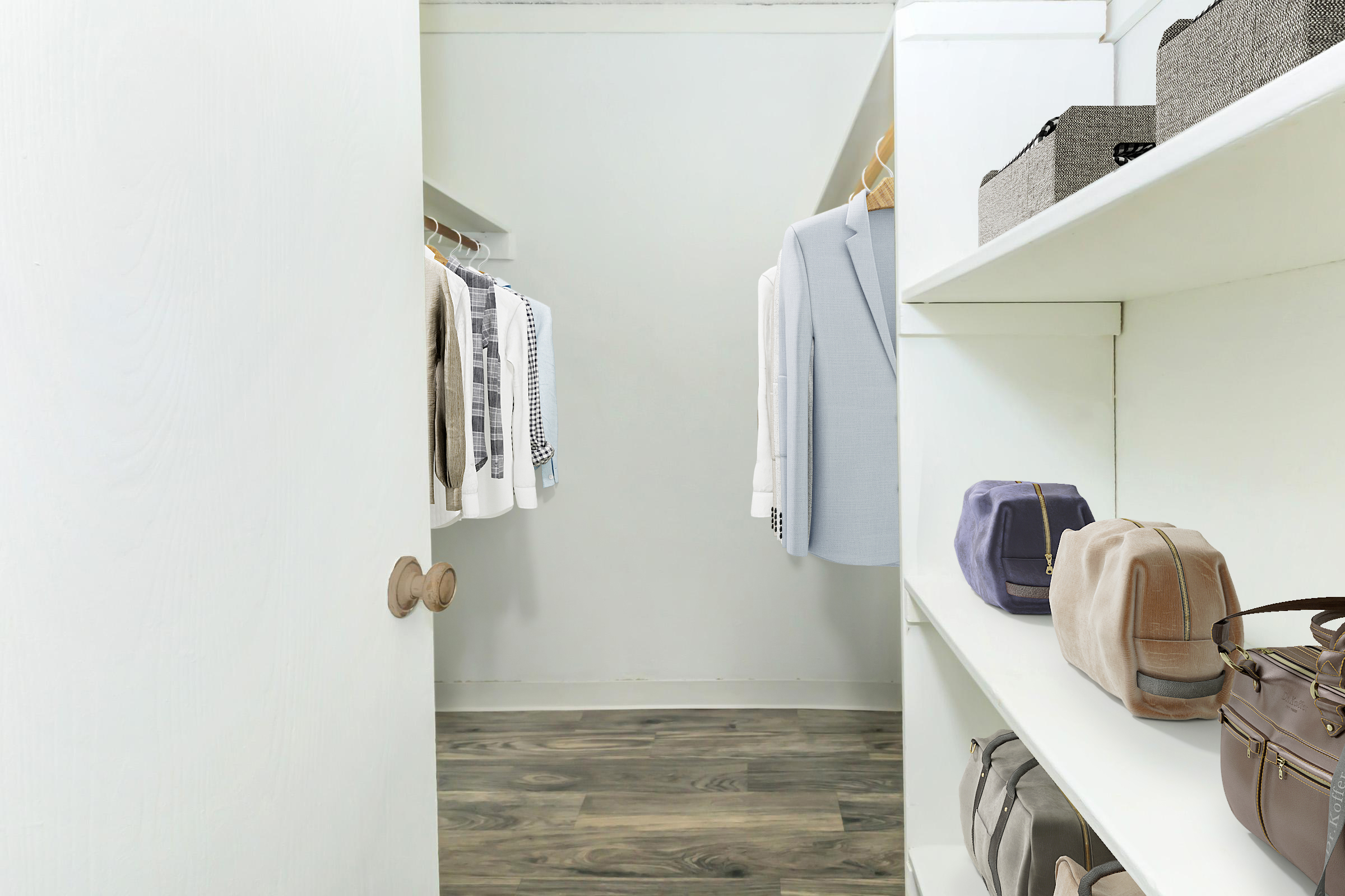 A well-organized closet featuring hanging clothes and neatly arranged bags on shelves. The walls are painted white, and the flooring is wooden. A light-colored suit jacket hangs alongside other garments, creating a tidy and stylish storage space.