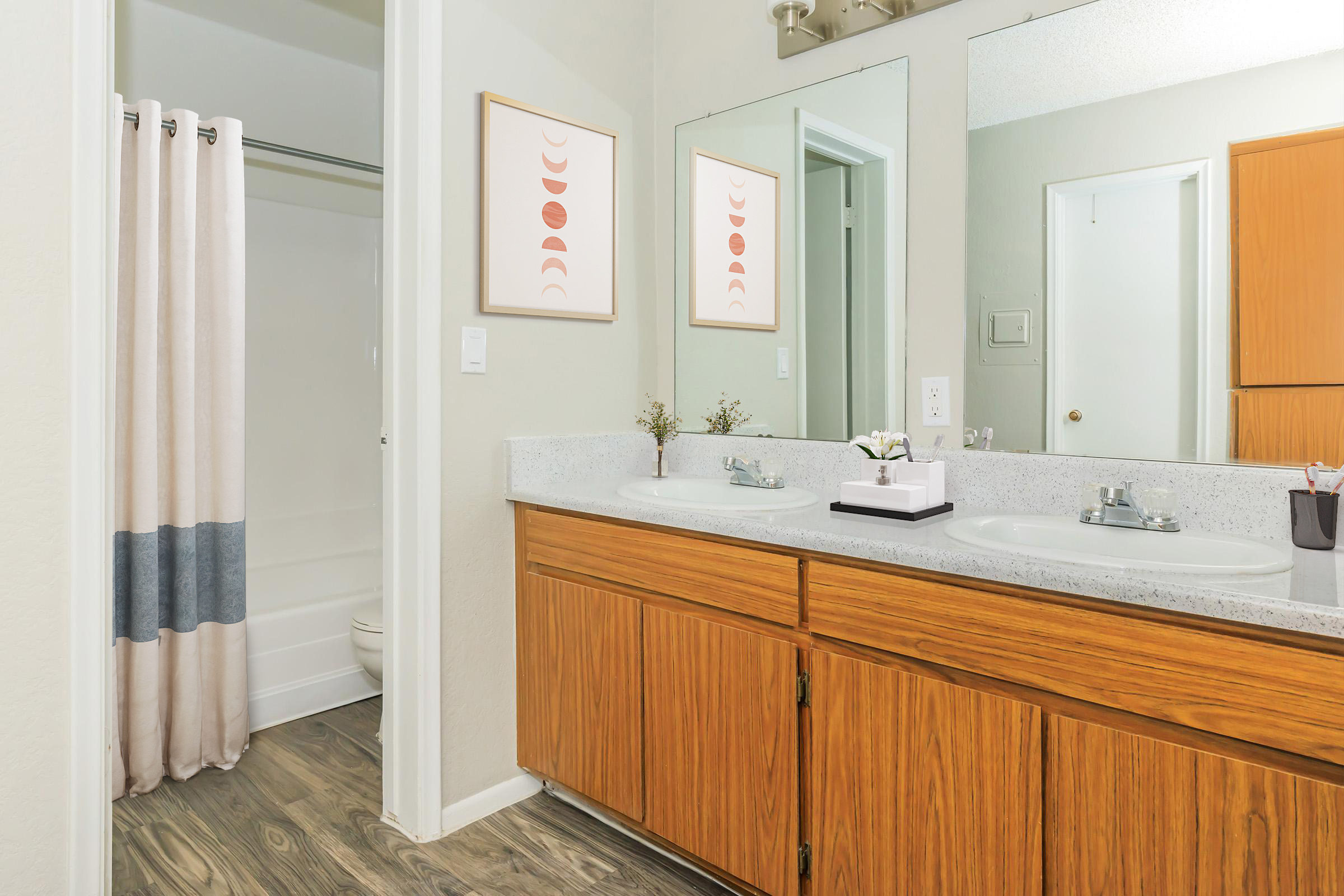 A modern bathroom featuring a double sink with wooden cabinets, a large mirror, and decor elements including framed art. There's a shower curtain to the left, and a small shelf with potted plants and toiletries on the countertop. The floor is stylishly tiled.
