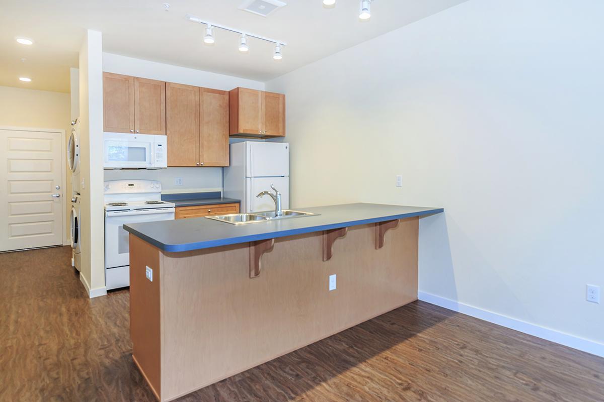 a kitchen with a wood floor