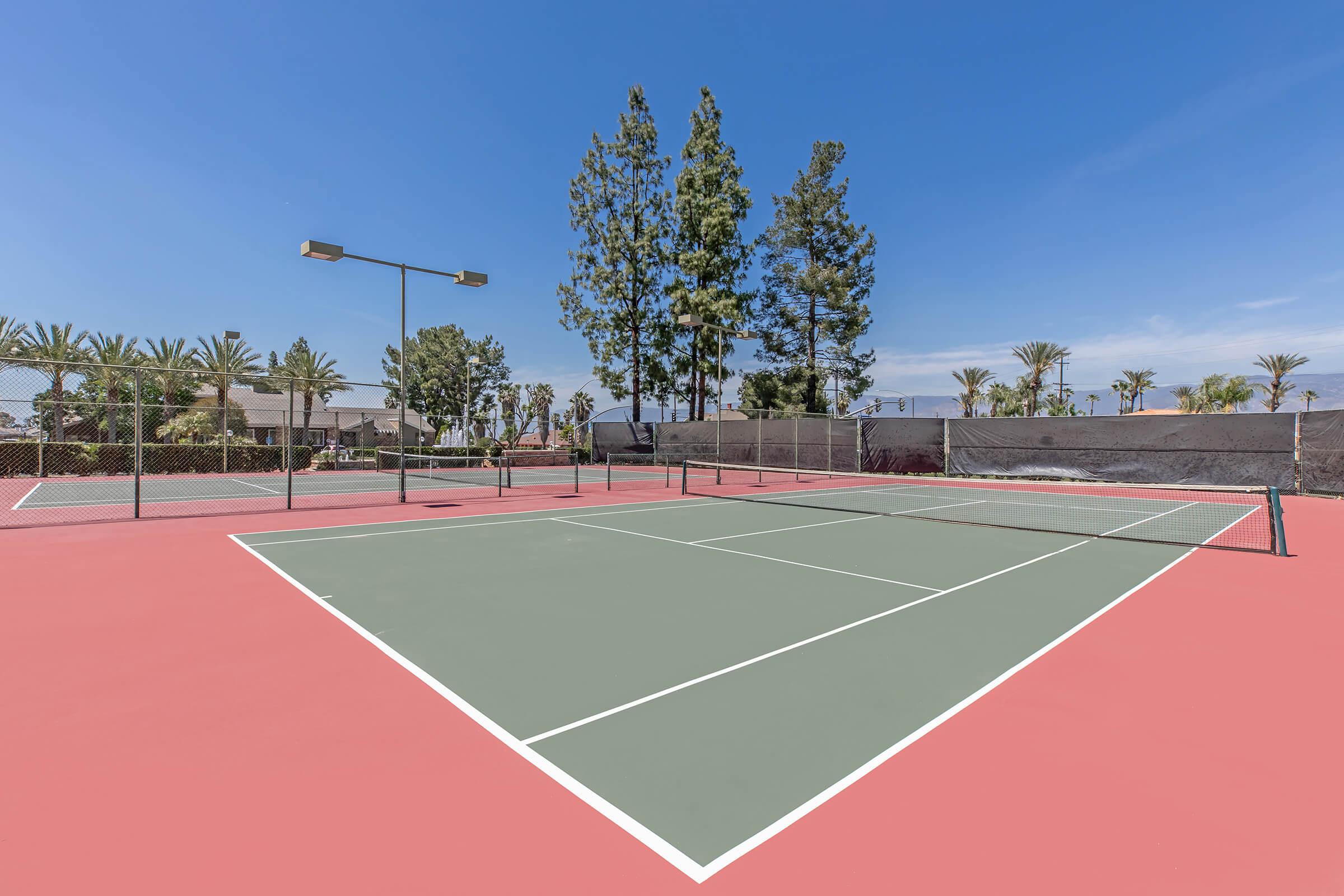 Redlands CA Apartments with In-Unit Washer and Dryer - Parkview Terrace - Two Tennis Courts, Surrounded by Fences and Palm Trees, and Lighting for Evening Play.