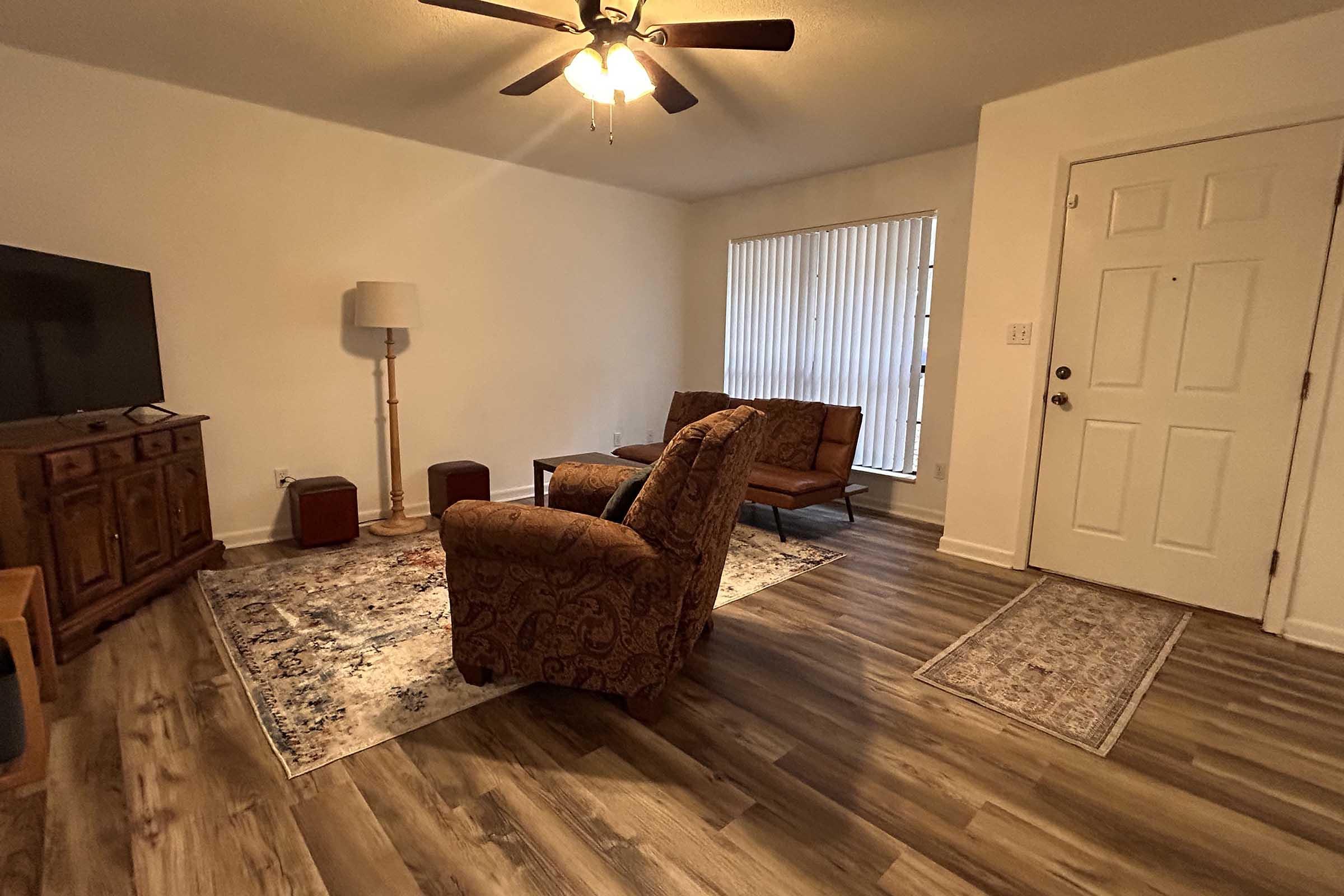 A cozy living room featuring a ceiling fan, a television on a wooden stand, a lamp, two comfortable chairs, and a small decorative rug on a wooden floor. A door leads to the exterior, and there are vertical blinds covering a window.