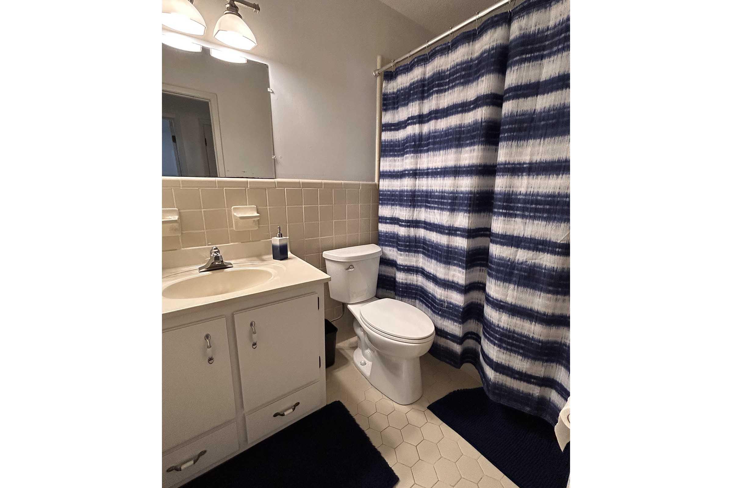 A tidy bathroom featuring a white vanity with a sink, a blue and white striped shower curtain, a white toilet, and light-colored hexagonal floor tiles. There is a mirror above the sink and a dark blue bath mat on the floor.