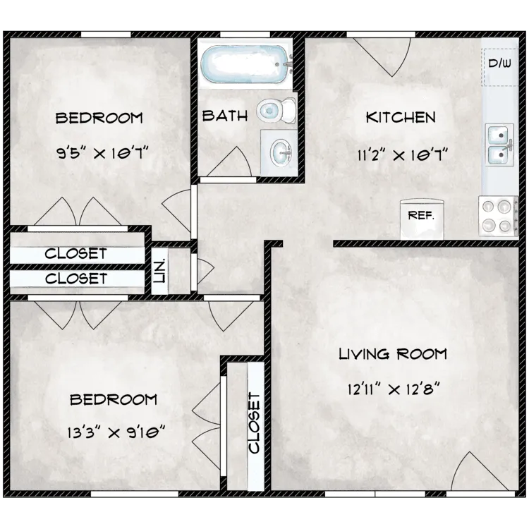 A floor plan of an apartment layout featuring two bedrooms, a living room, a kitchen, a bathroom, and multiple closets. The dimensions of each room are labeled, indicating the size of each space.