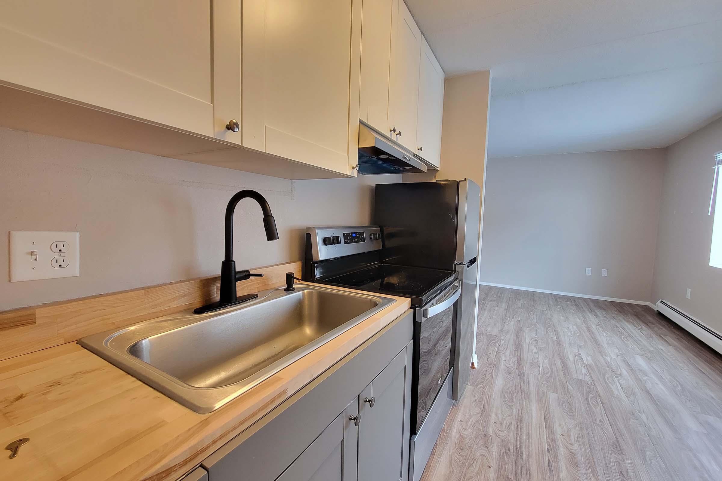 Modern kitchen featuring a stainless steel sink, black faucet, and stainless steel appliances including an oven and stove. The cabinets are light-colored, and the countertops have a natural wood finish. A spacious room is visible in the background with light-colored walls and a large window.