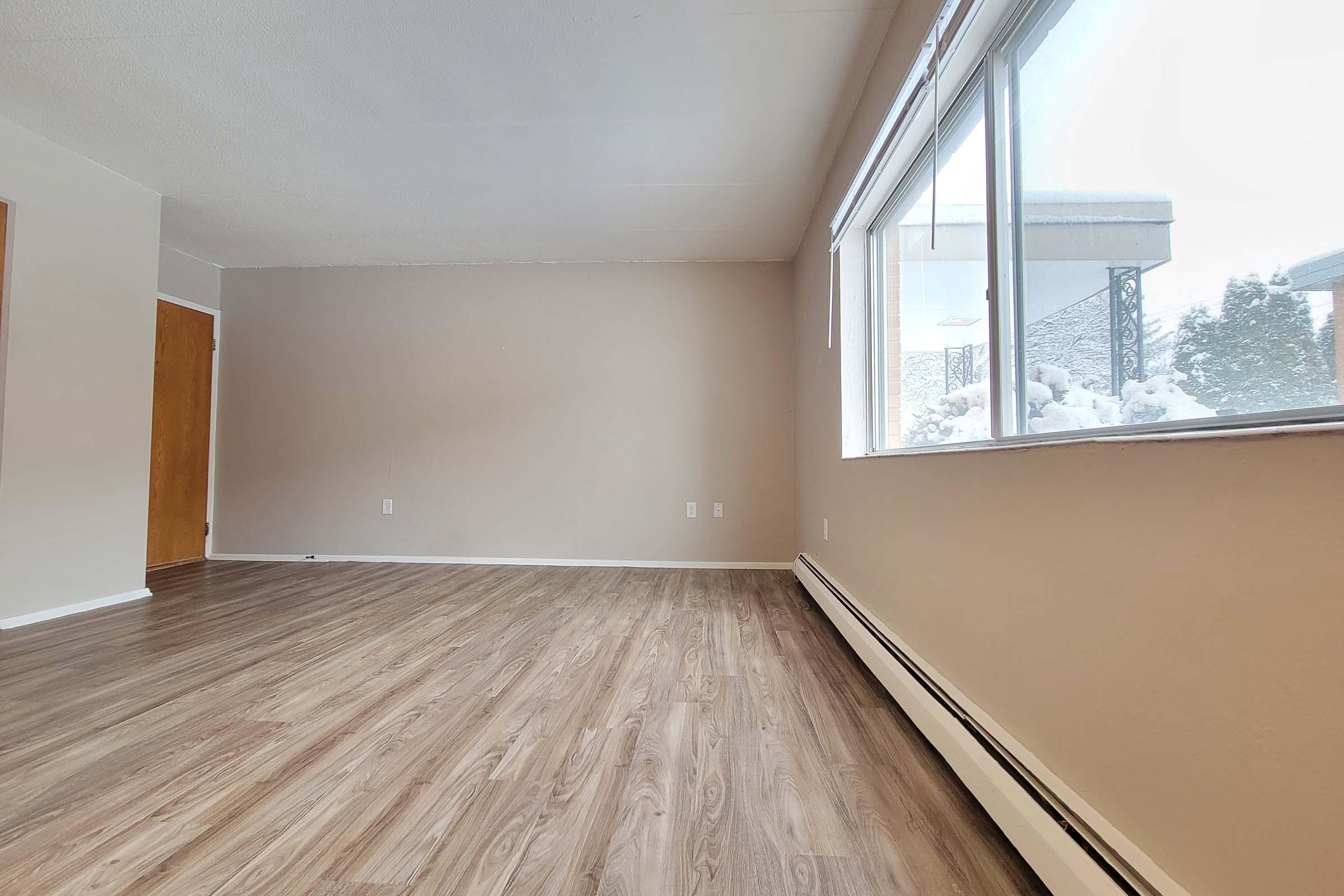 A spacious, empty room with light-colored walls and a large window showing snow outside. The floor features wooden laminate, and there is a subtle baseboard heater visible. The room has a clean, minimalist aesthetic, emphasizing natural light and openness.