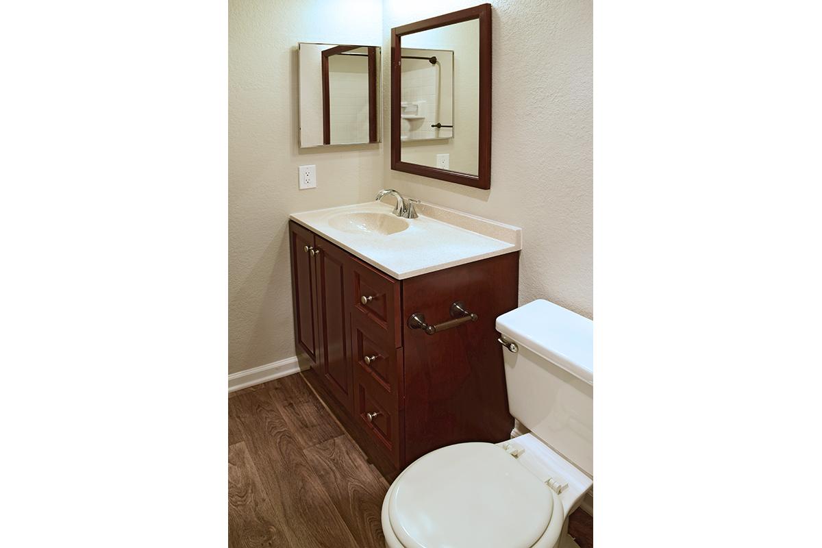 a white sink sitting under a mirror