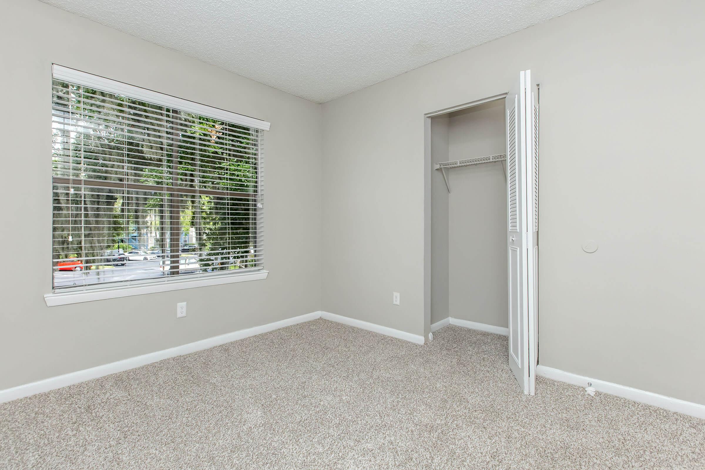 An empty room with beige walls and light brown carpet. A large window with white blinds lets in natural light, revealing greenery outside. There is a closet with a white door slightly open, displaying a hanging rod inside. The space appears bright and ready for furnishing.