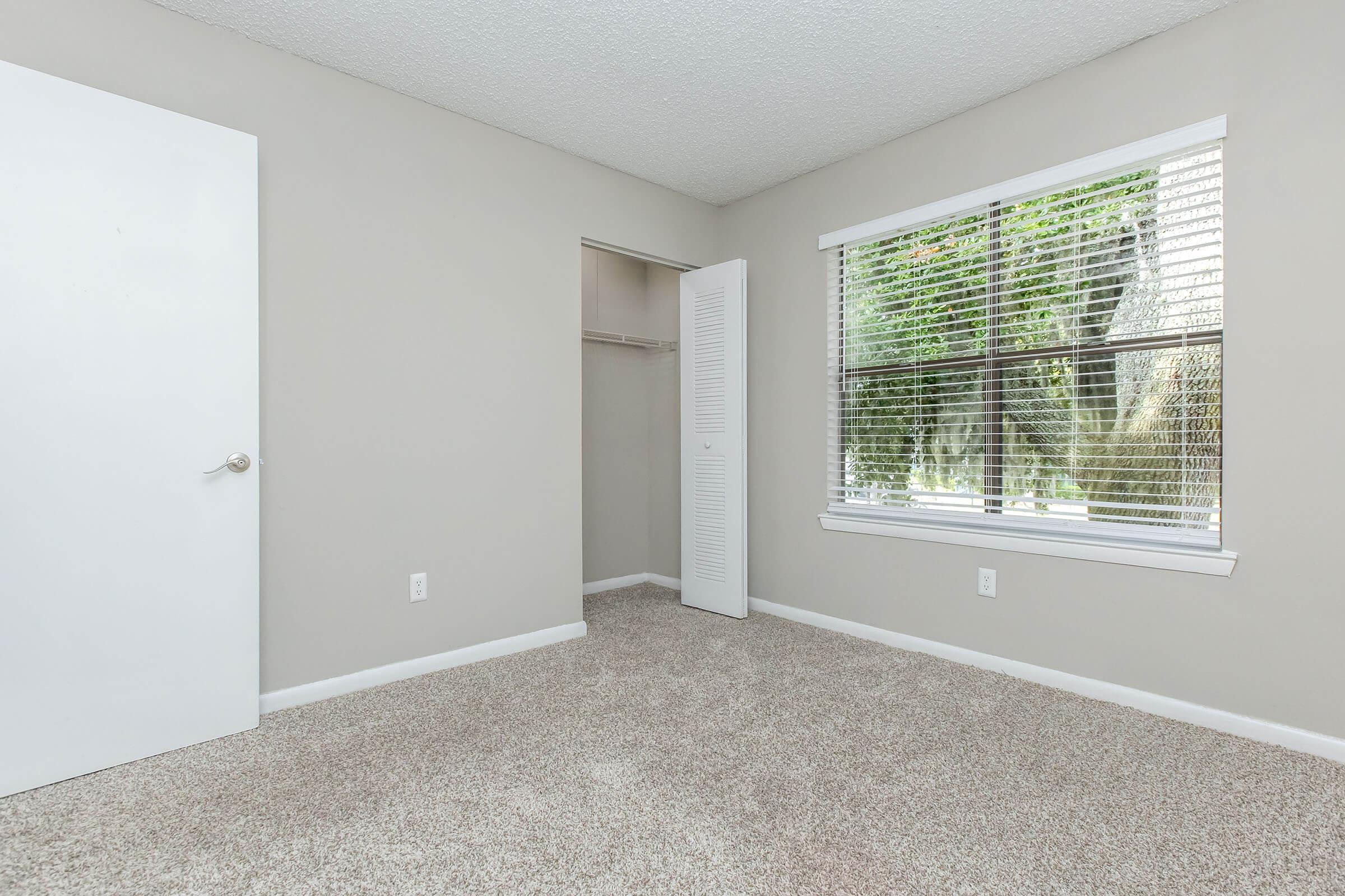 A clean, empty bedroom featuring light gray walls and plush beige carpet. It includes a closet with louvered doors and a window with white blinds allowing natural light to enter. The overall atmosphere is bright and inviting, ideal for personal decor.
