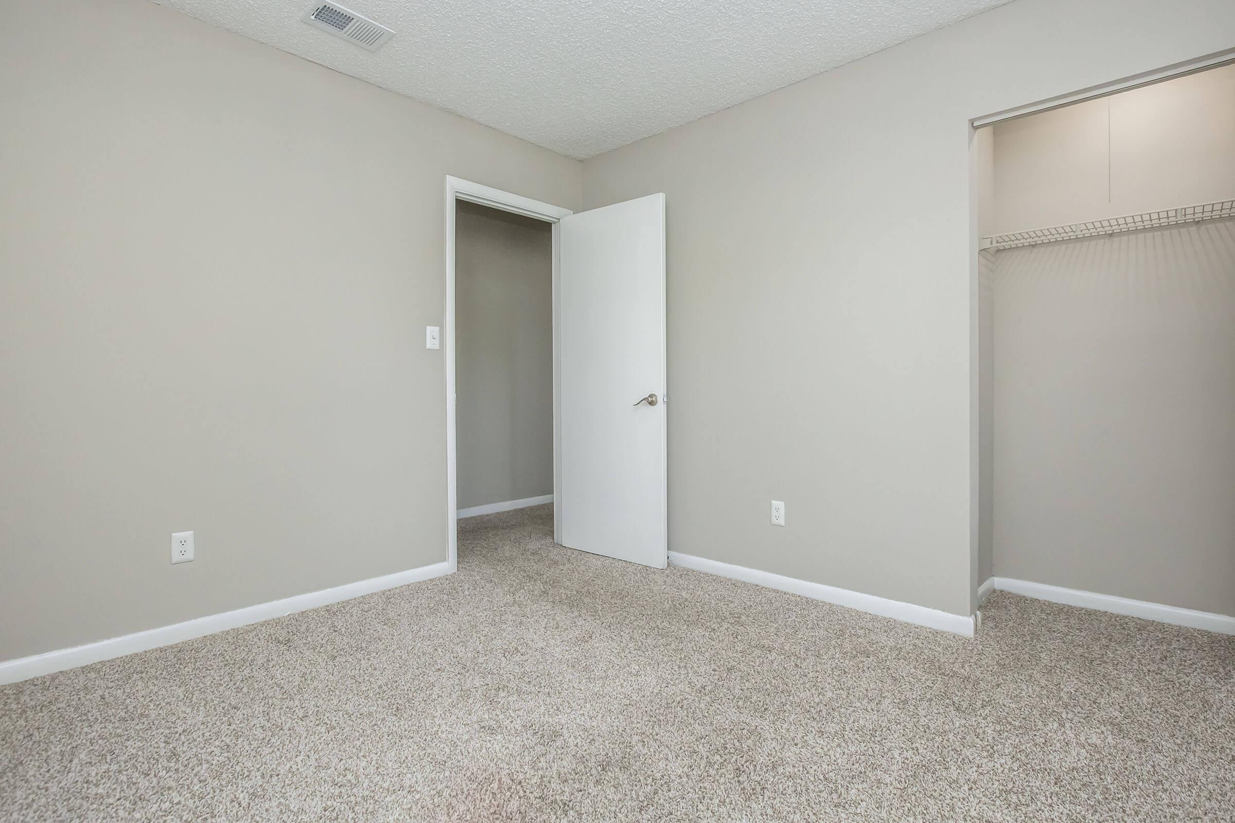 A simple, empty room with light gray walls and beige carpet. A white door is slightly ajar, leading to another room, while a closet is visible on the right side. Natural light fills the space, creating a bright and open atmosphere. The room has no furniture or decorations.
