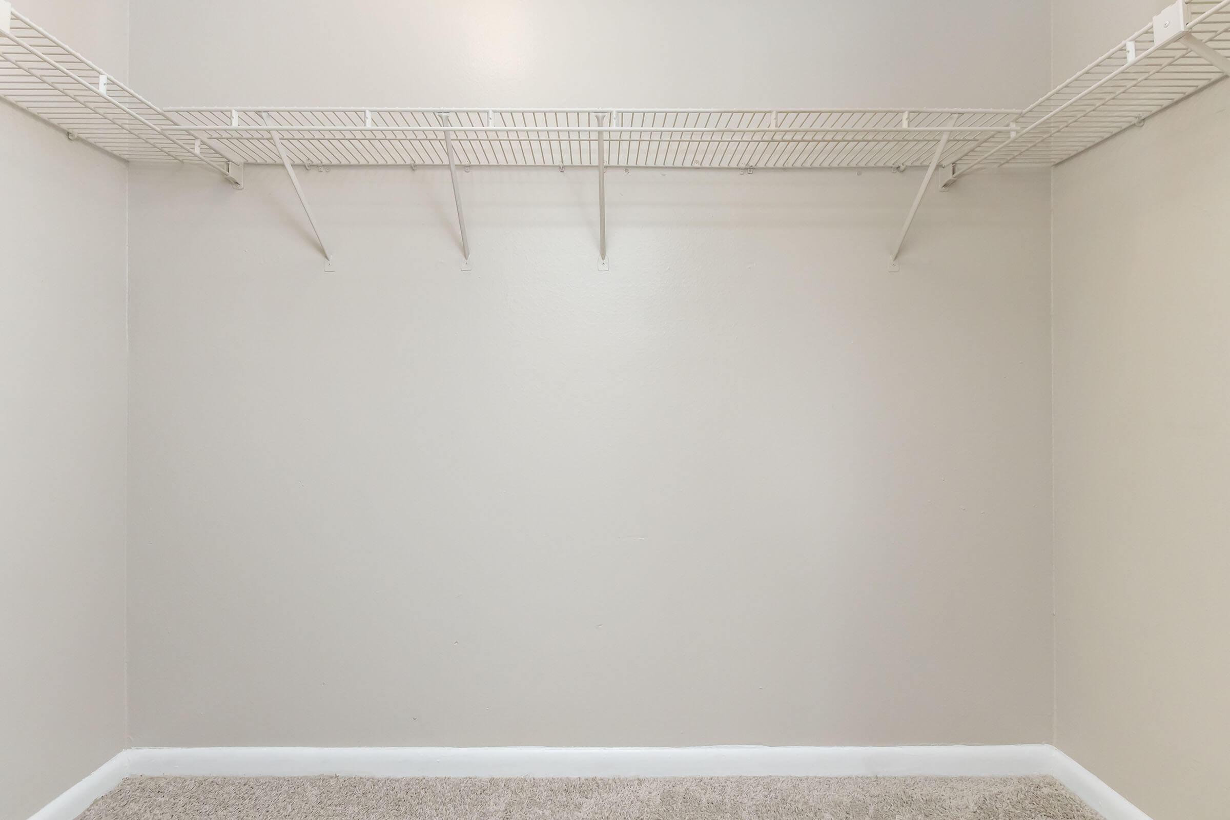 Empty closet with a light gray wall and a white wire shelf mounted above. The floor is covered in light-colored carpet, and there are no visible items or decorations in the closet space.