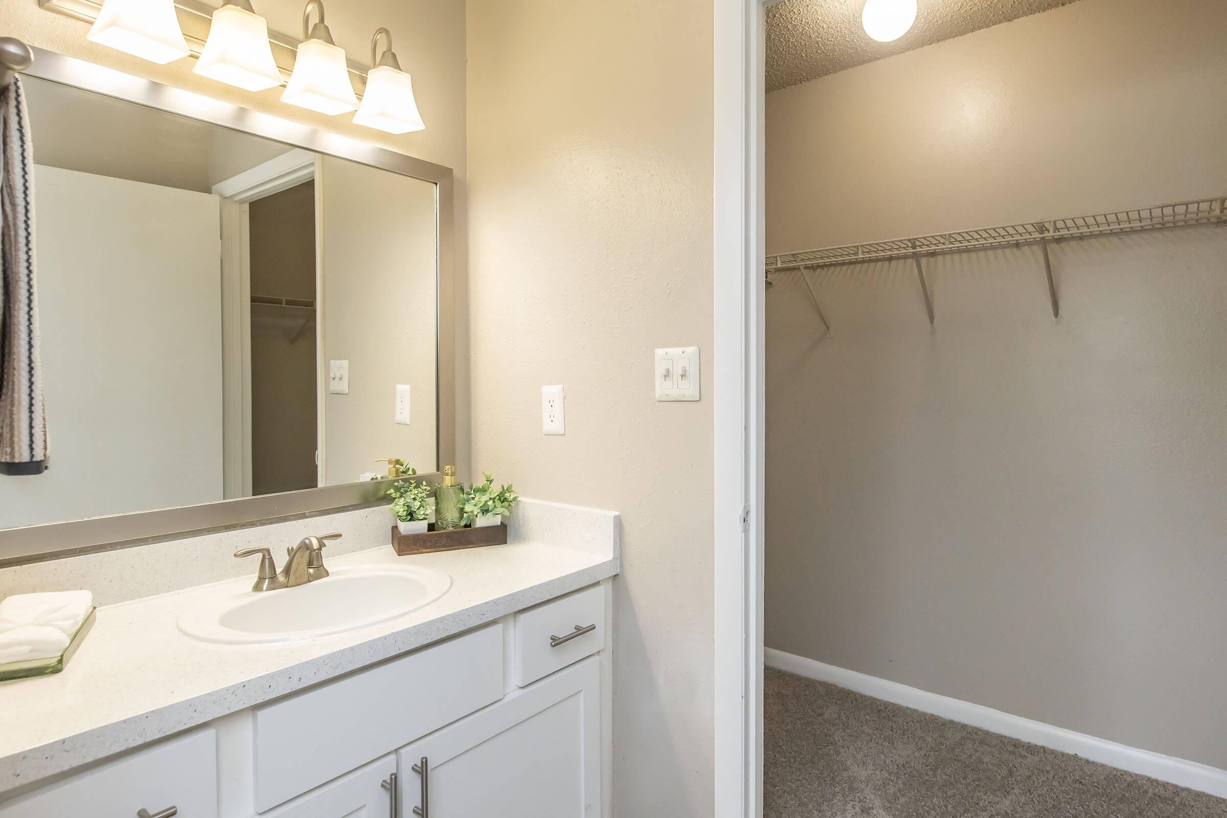 A well-lit bathroom featuring a white vanity with a sink and modern faucet, a large mirror above it, and light fixtures. To the side, there is an empty closet with shelving and a carpeted floor, creating a clean and organized space.