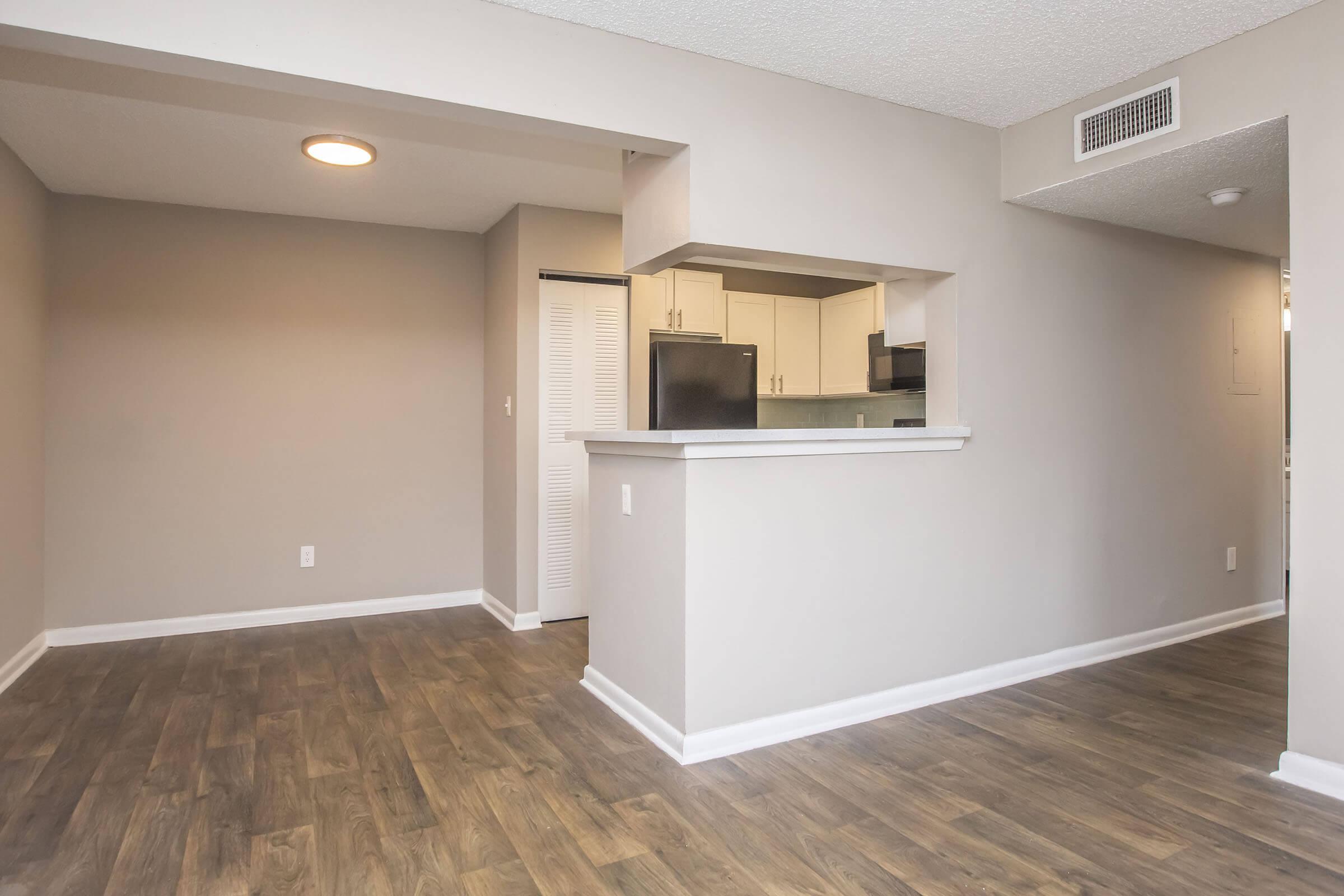 A spacious, modern apartment interior featuring an open floor plan. The living area has light-colored walls, hardwood-style flooring, and a counter opening to the kitchen. Appliances are visible in the kitchen area, and there is ample natural light from a ceiling fixture.