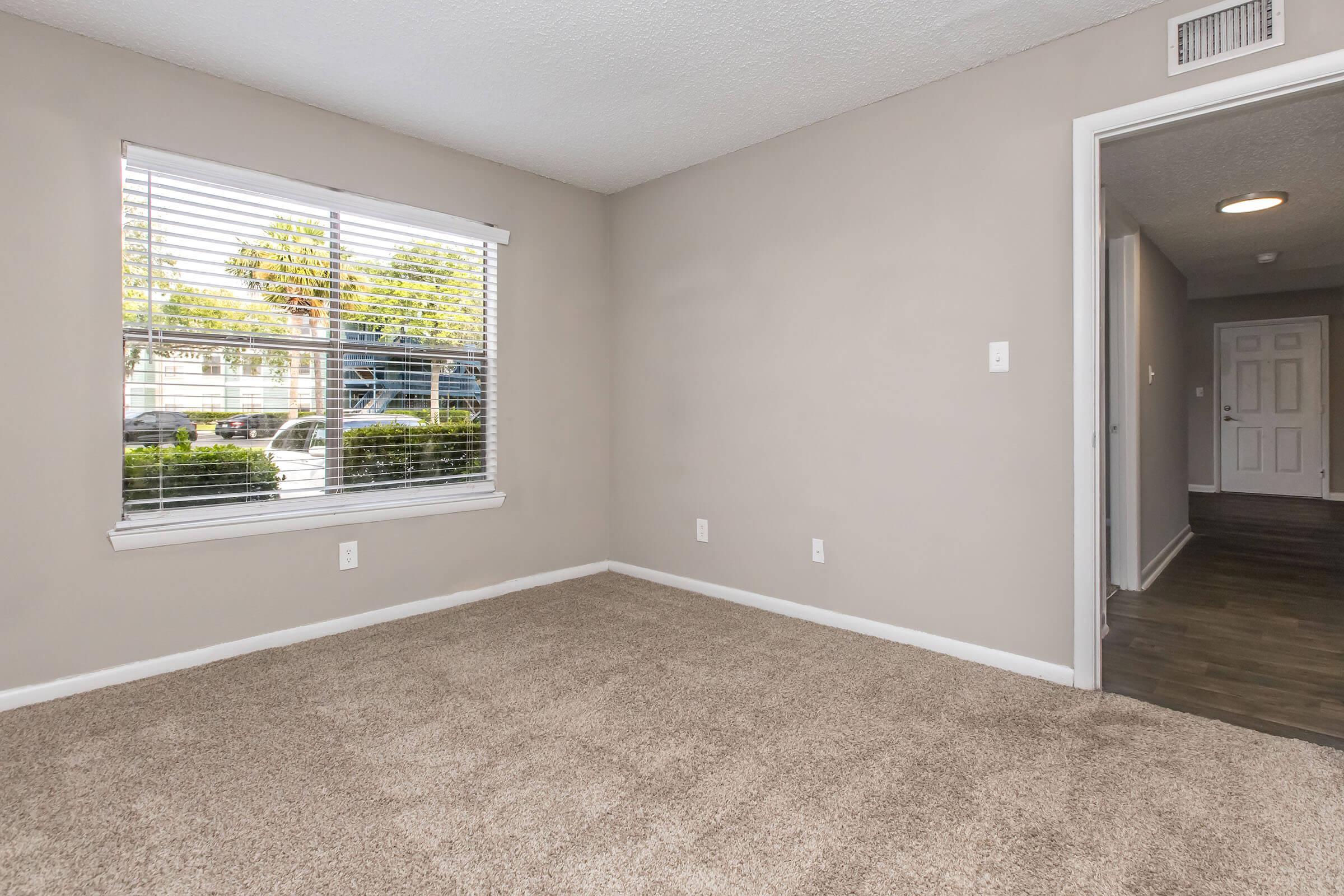 Empty room with light gray walls and a large window featuring blinds, allowing natural light to enter. The floor is carpeted in beige, and there is a doorway leading to another area. The overall atmosphere is bright and spacious, suitable for various furniture arrangements.