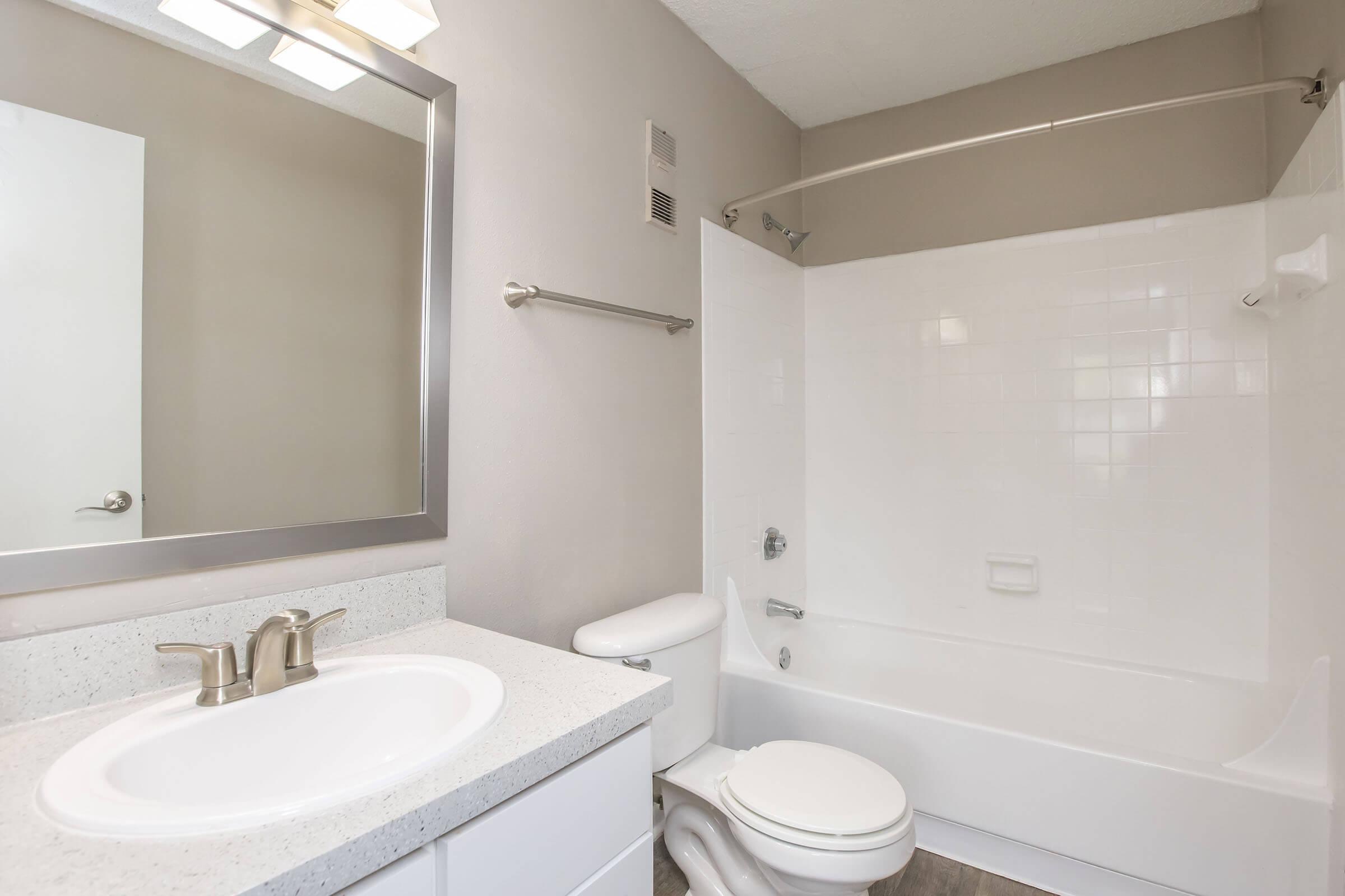 A clean, modern bathroom featuring a white bathtub with a shower, a toilet, and a vanity with a sink. The walls are painted in a neutral color, and a large mirror is mounted above the sink. Natural light illuminates the space, creating a bright and inviting atmosphere.