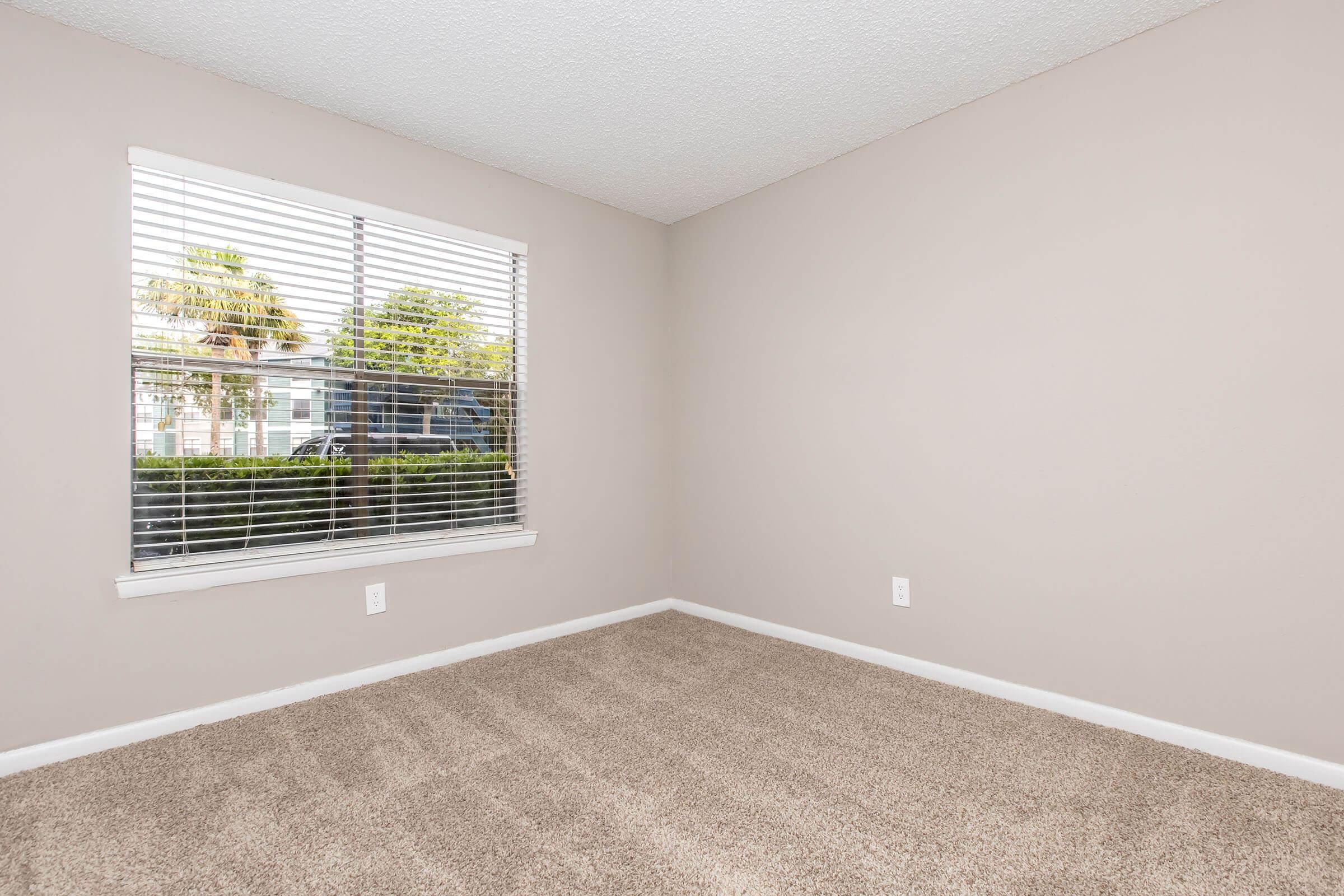 Empty room with beige walls and light brown carpet. There is a window with white blinds allowing natural light, and greenery visible outside. The room appears clean and well-maintained, with minimal decor.