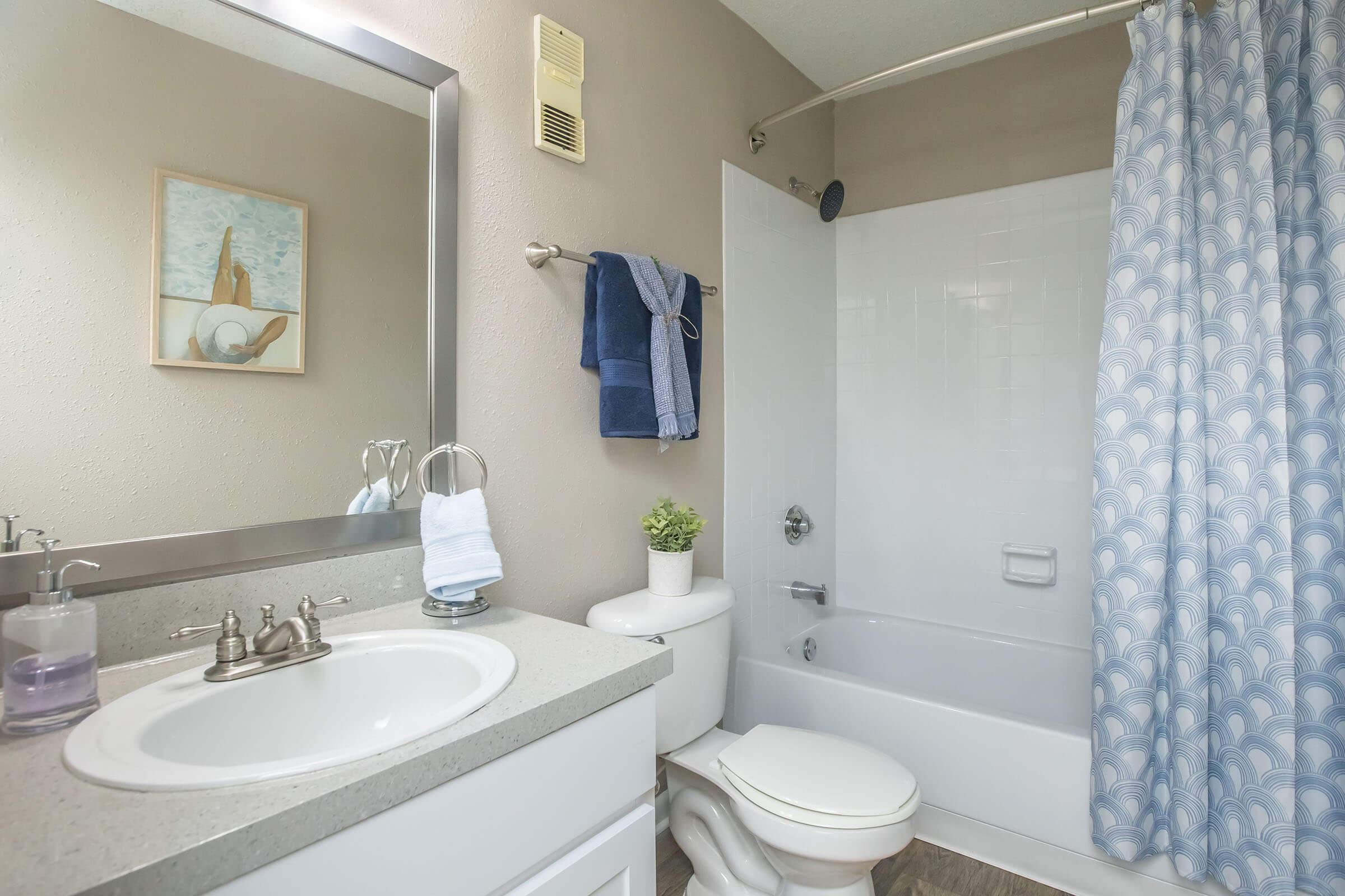 A clean and modern bathroom featuring a white tub and shower with a blue patterned curtain. The sink area includes a silver faucet, liquid soap dispenser, and a small plant for decoration. A framed art piece is hung on the wall, and towels are neatly arranged on the towel rack.