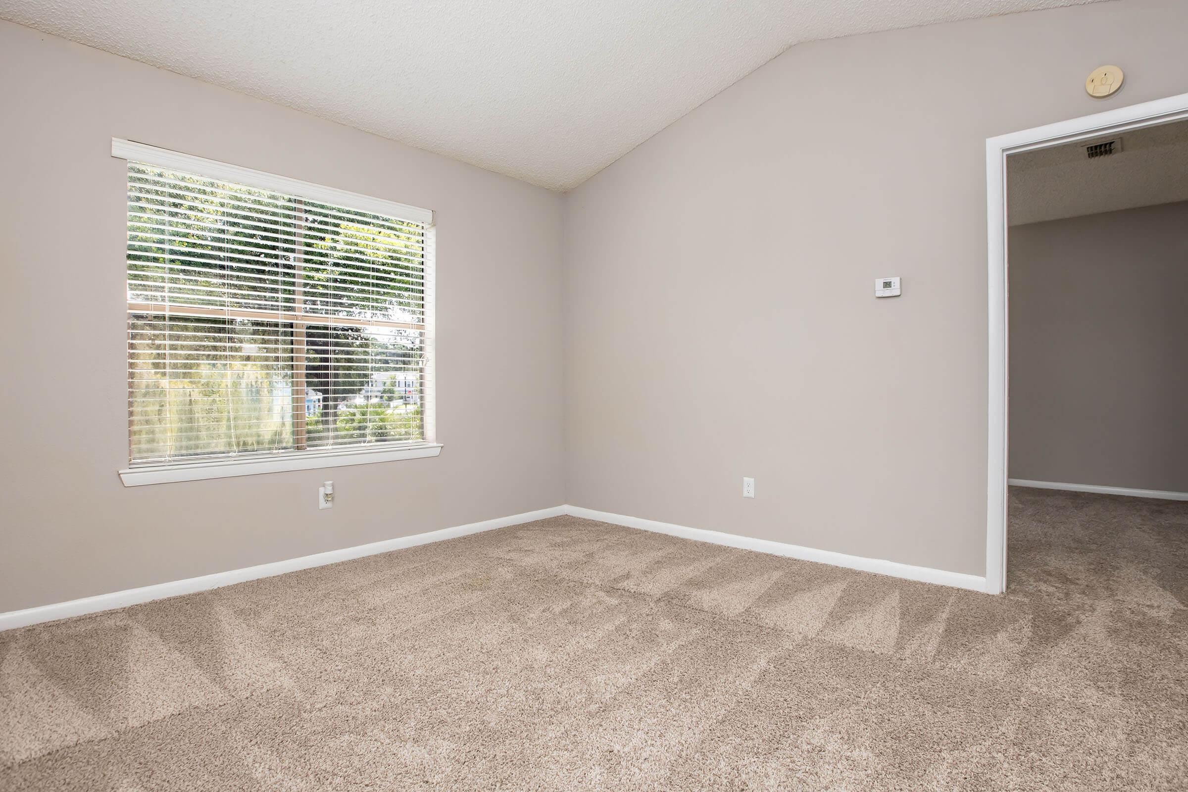 Empty room with beige walls and a vaulted ceiling. There is a window with blinds allowing natural light, revealing a view of greenery outside. The floor is covered in light brown carpet, and there is a white door leading to another space. The room has a clean, spacious feel.