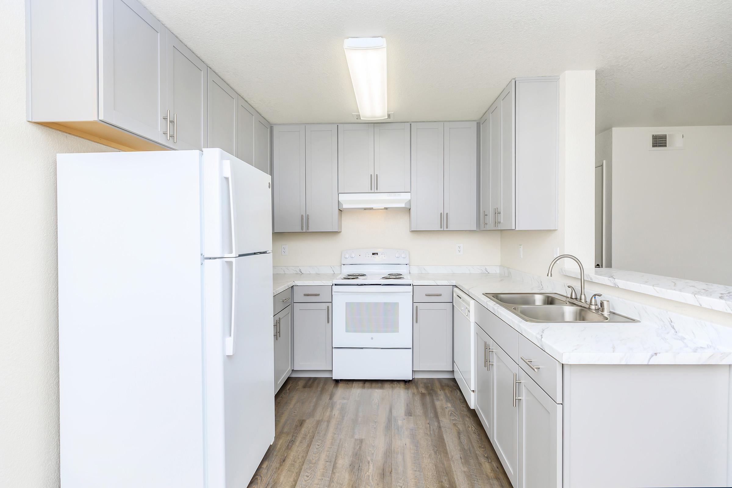 a kitchen with a stove and a refrigerator