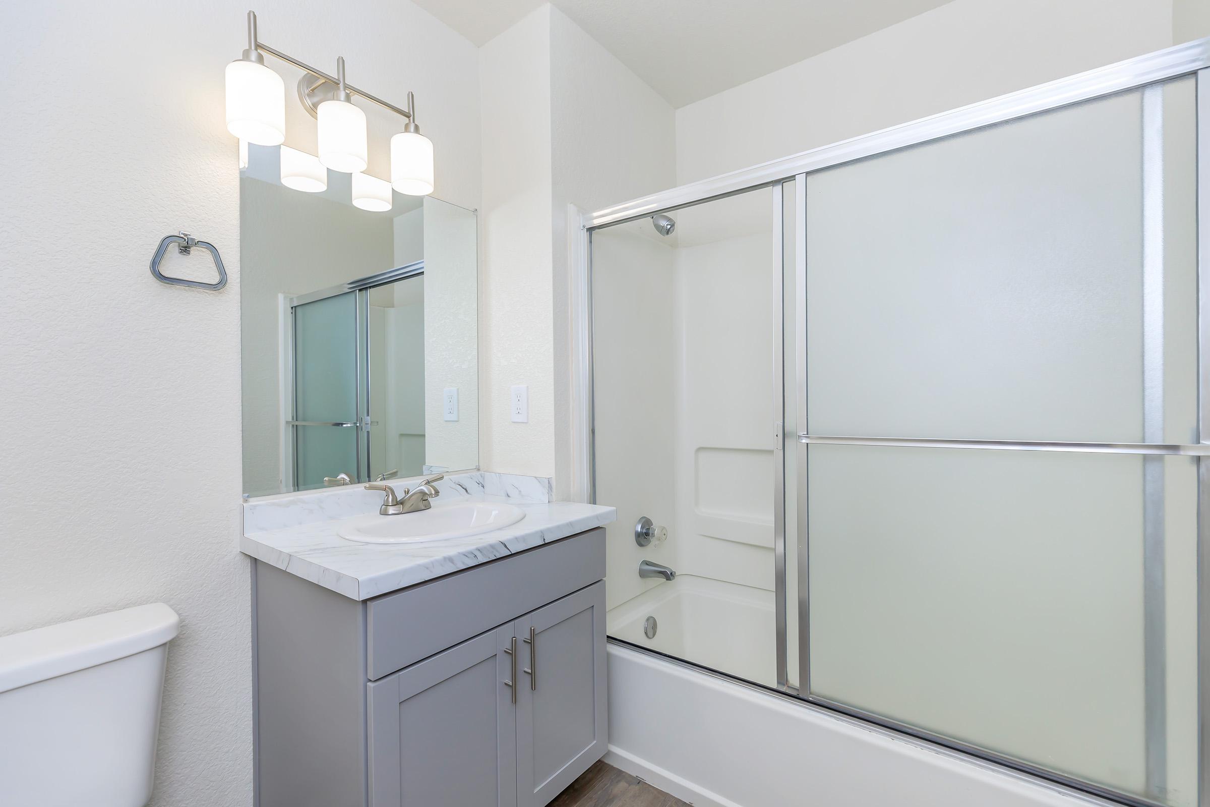 a shower that has a sink and a mirror