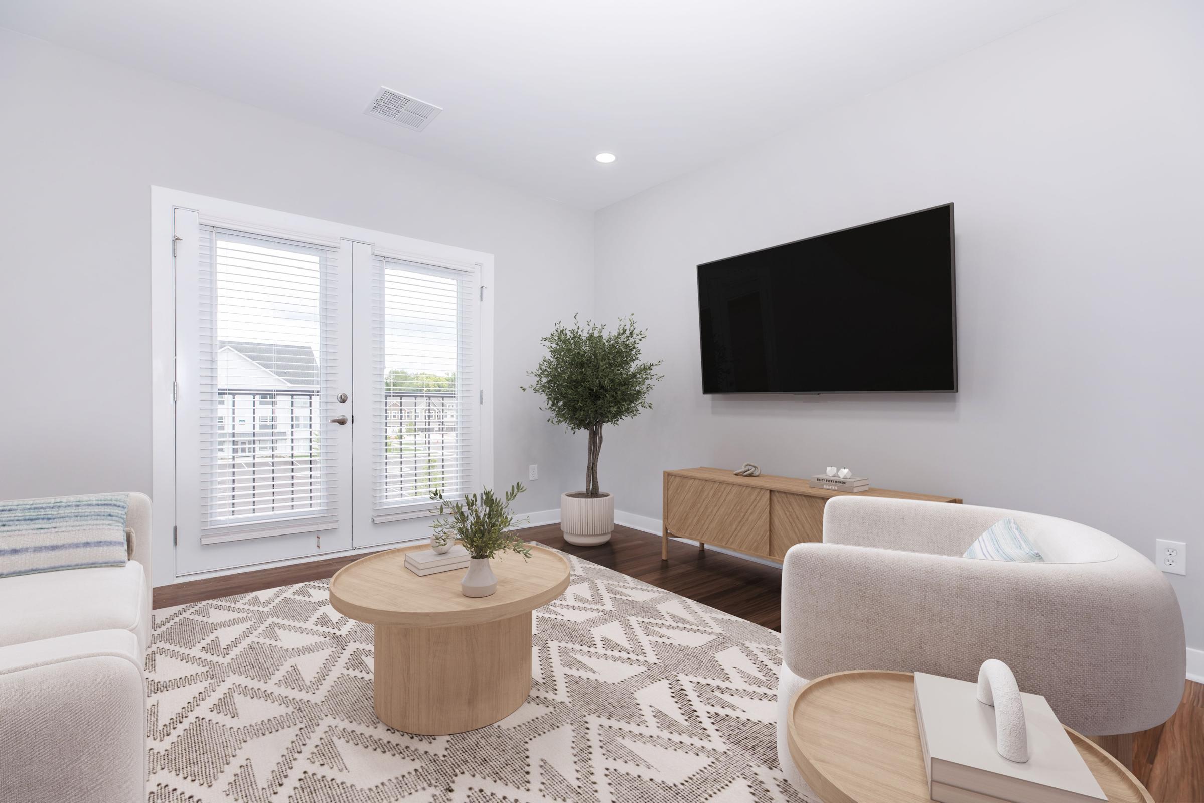 A modern living room featuring a light color scheme. It includes a TV mounted on the wall, a wooden coffee table with a decorative plant, and two comfortable armchairs. Large windows with white blinds allow natural light, and a patterned area rug adds texture to the space.