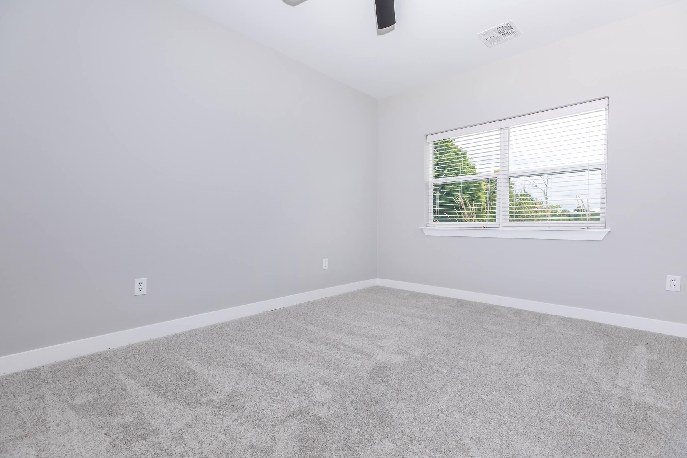 Empty room with light gray walls and a ceiling fan. The floor is covered in soft, light gray carpet. A window with white blinds allows natural light to enter, revealing greenery outside. The space appears clean and minimalist, suitable for various uses or decoration.