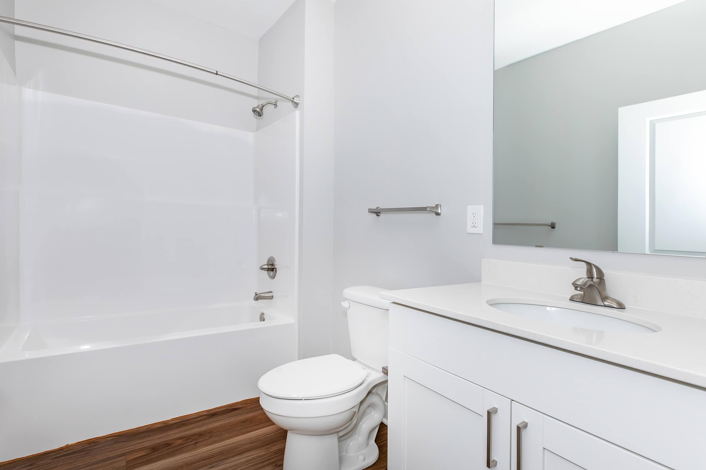 A modern bathroom featuring a white bathtub and shower combination, a clean toilet, and a vanity with a sink and mirror. The walls are painted light gray, and the flooring is a warm wood tone, creating a contemporary and inviting space.