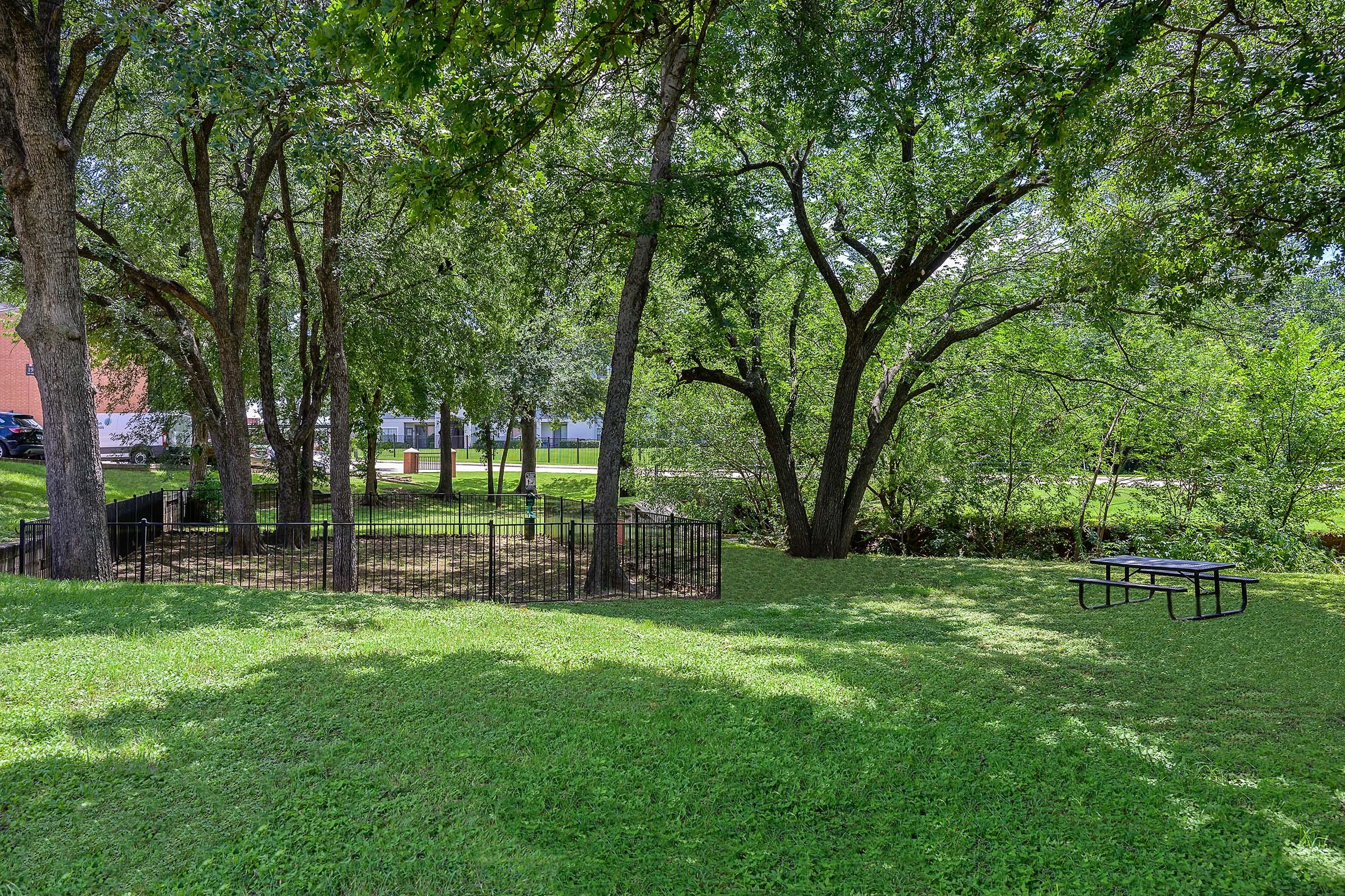A grassy area with several trees and a fenced dog park in the background. There’s a picnic table situated on the lawn, surrounded by lush greenery. Shade from the trees creates a peaceful environment, with a clear view of the park beyond.