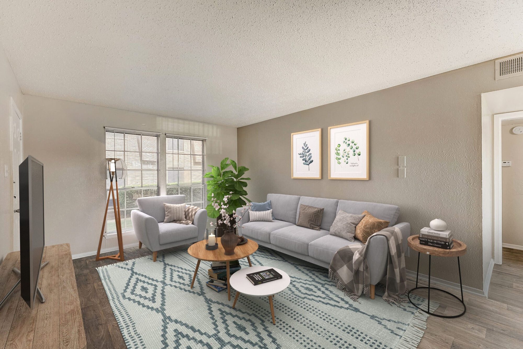 A cozy living room featuring a light gray sofa with decorative pillows, a round coffee table with a vase, and a large TV. There are two framed plant prints on the wall, a potted plant on the table, and a bright window with blinds. The floor has a patterned rug, enhancing the inviting atmosphere.