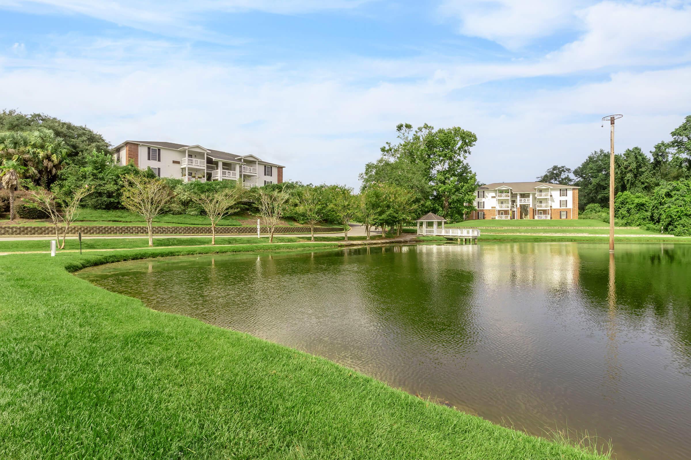 a body of water surrounded by green grass and trees