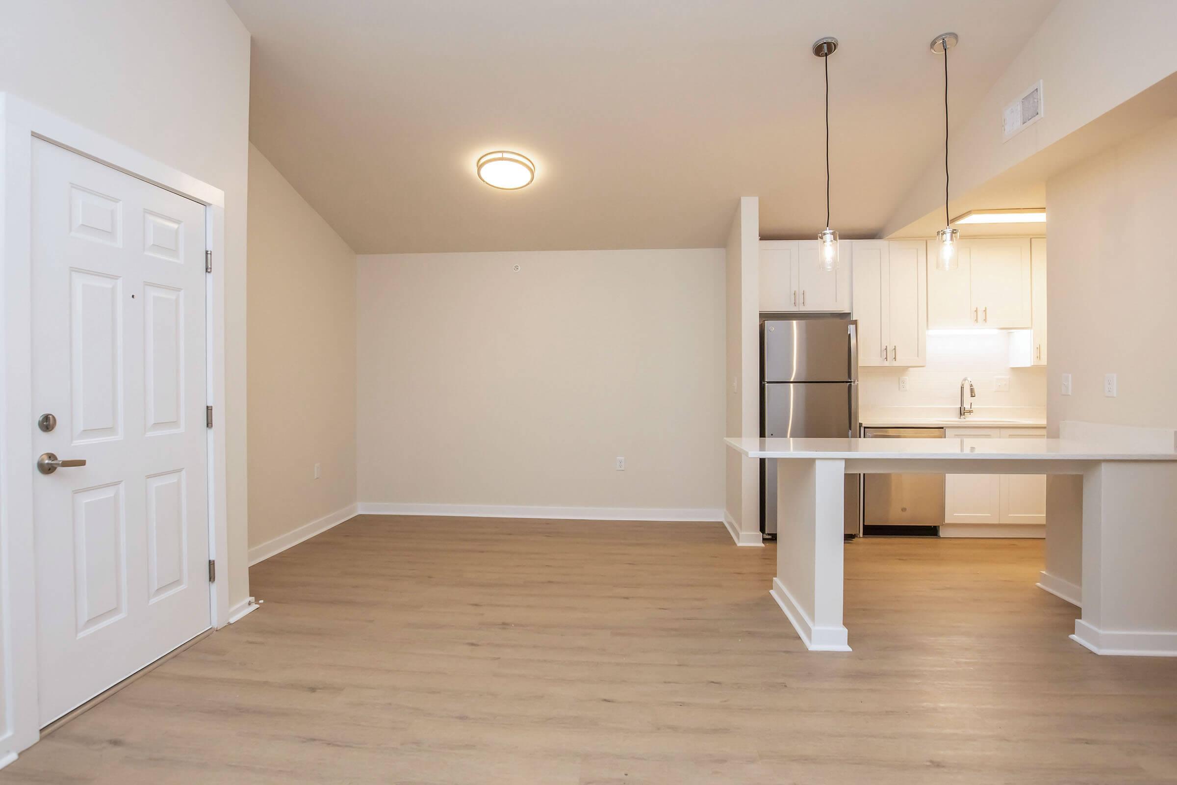 Modern, empty apartment interior with light wood flooring and neutral walls. Features a door leading to the outside, a kitchenette with stainless steel appliances, a countertop island, and pendant lighting. Ample natural light from the window, creating a bright and spacious atmosphere.
