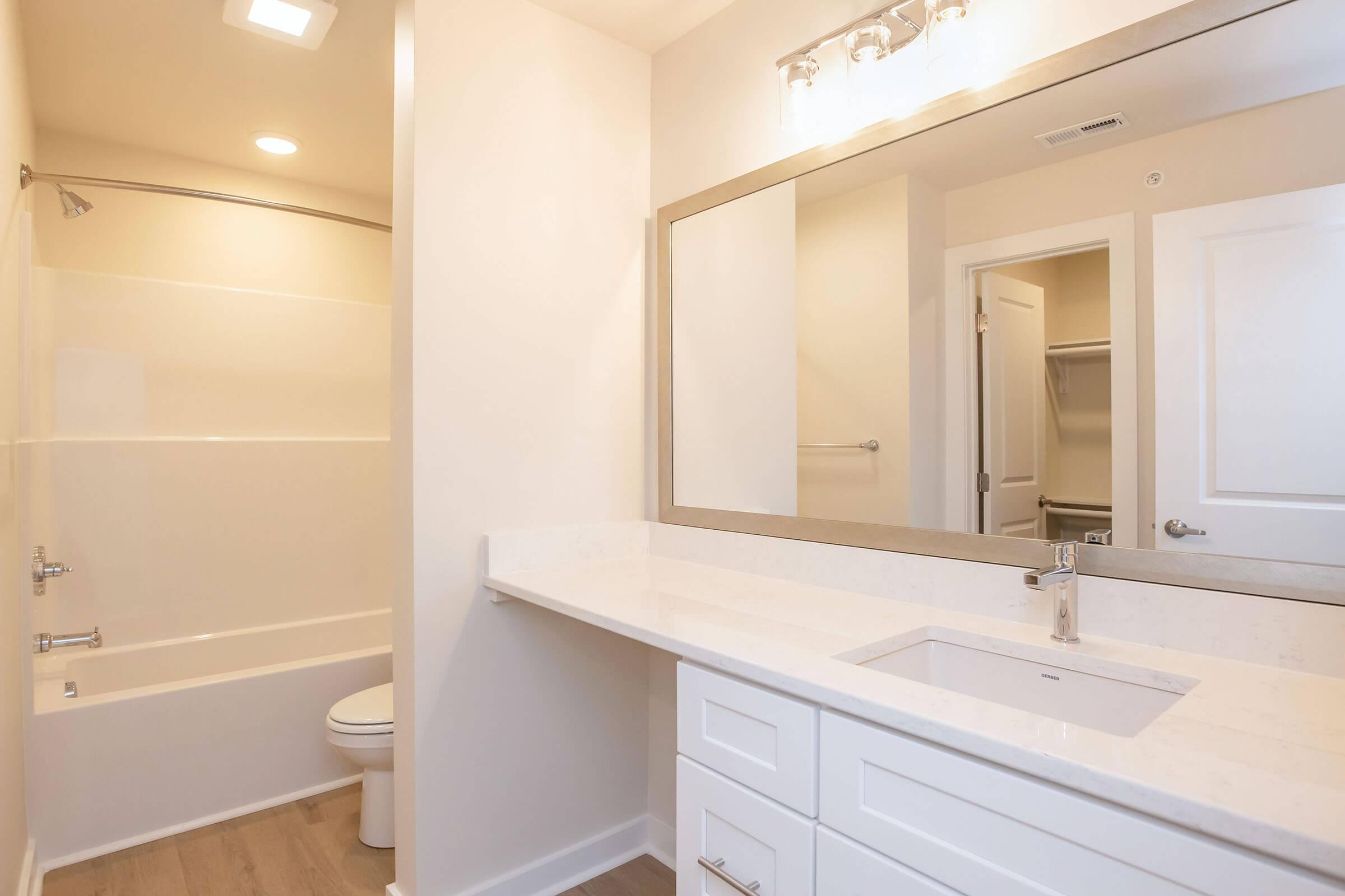 A modern bathroom featuring a white bathtub and shower combination, a sleek vanity with a single sink and countertop, and a large mirror above the sink. The walls are painted in a light color, and there is a closet door visible in the background. The flooring is a light wood finish.