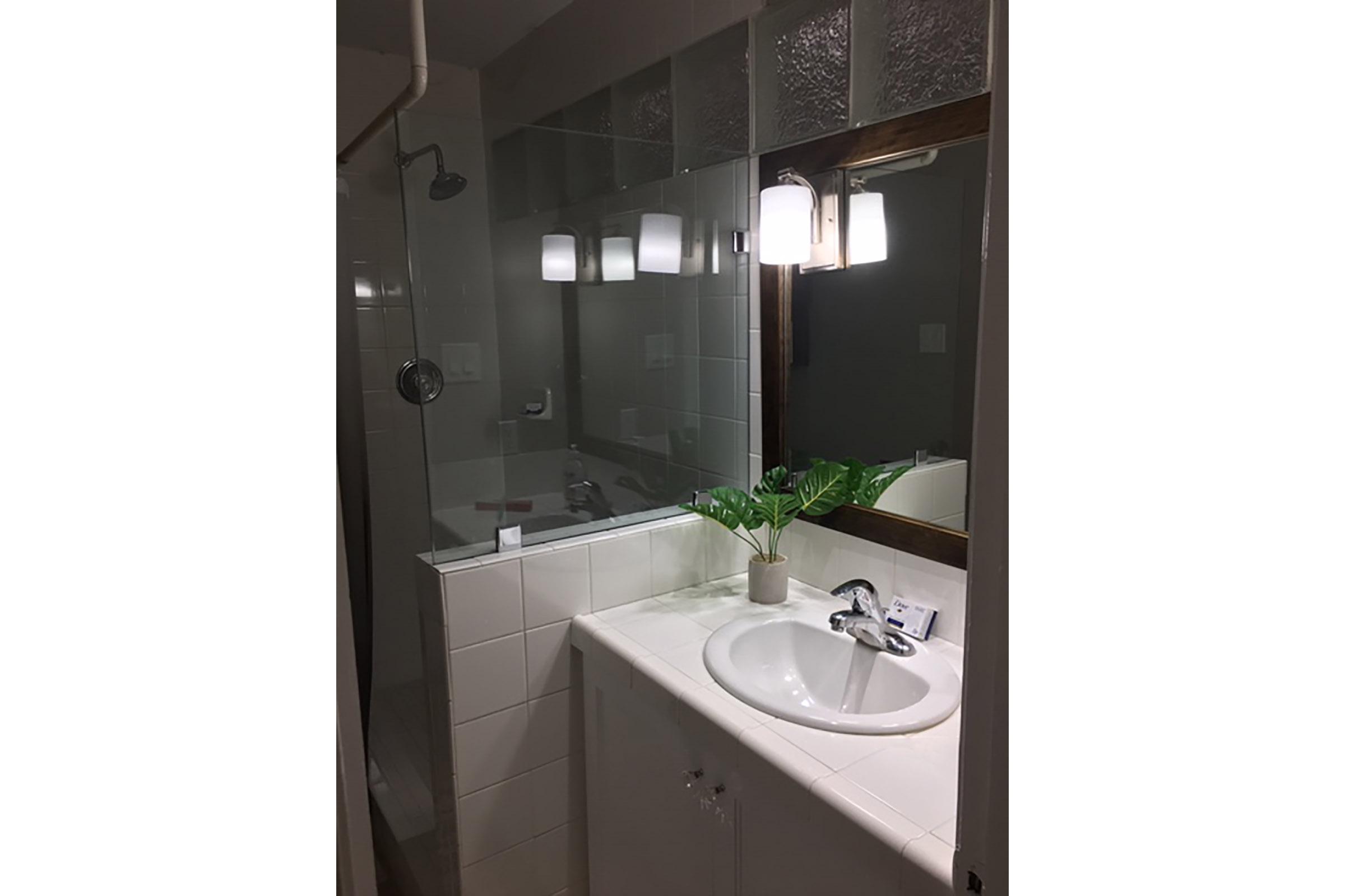 a double sink and large mirror