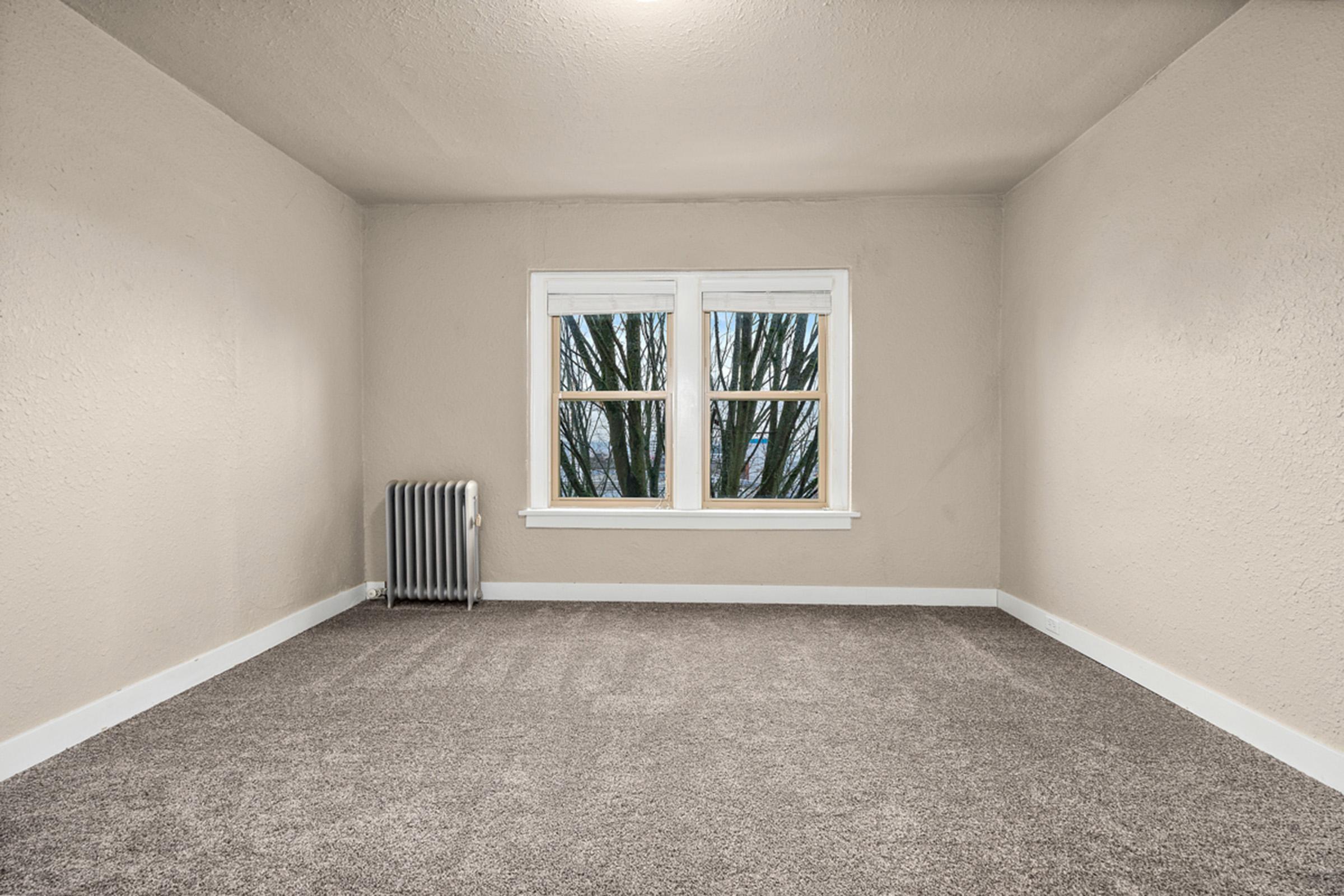 An empty, light-colored room with beige walls and new gray carpet. There are two white-framed windows on one wall, showing tree branches outside, and a vintage silver radiator next to them. The room has a clean, minimalistic appearance with natural light illuminating the space.