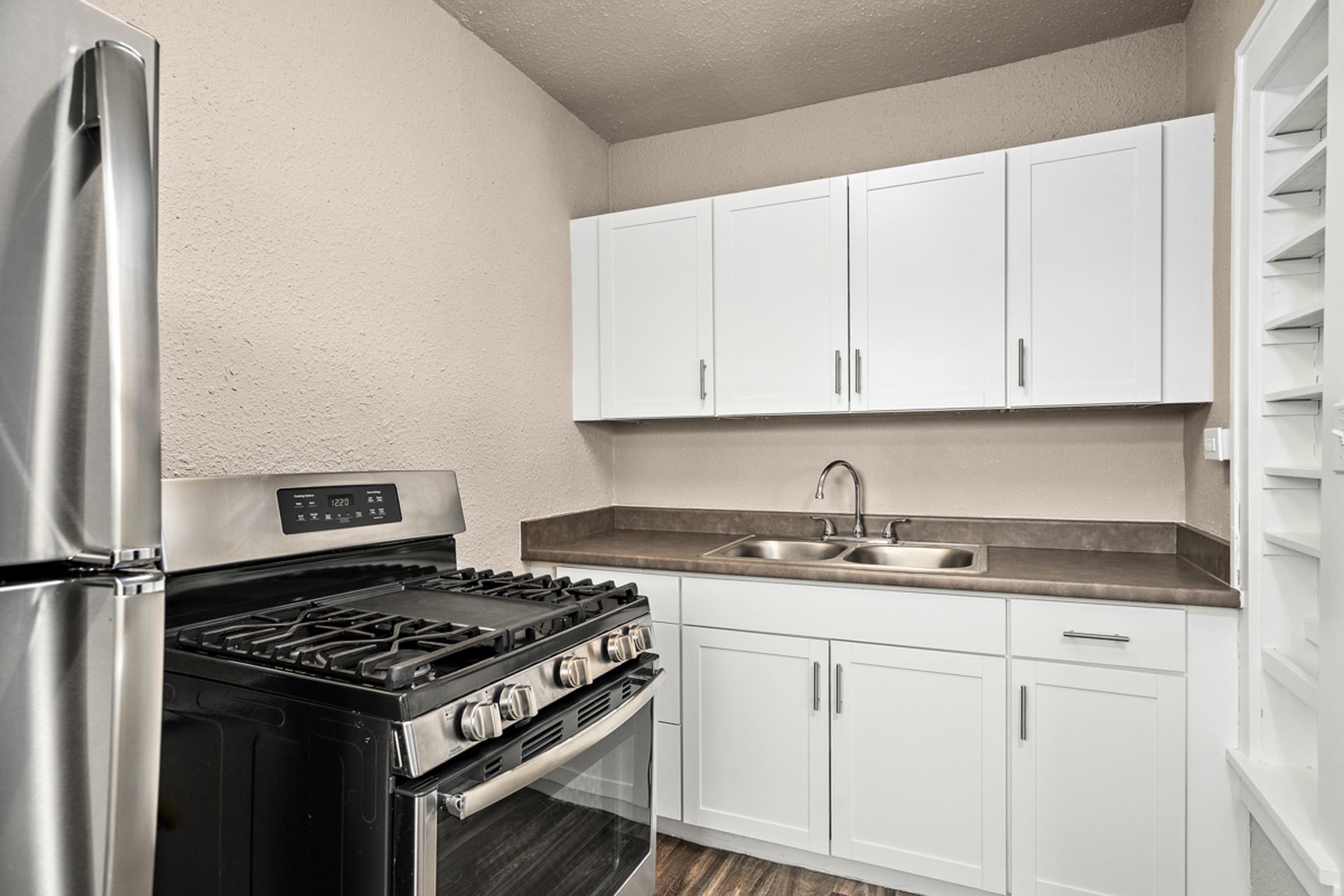 Modern kitchen featuring a stainless steel refrigerator, a black gas stove with a five-burner cooktop, and double sink. The cabinets are white with clean lines, and the countertop is dark, providing a sleek and contemporary look. The walls are painted a light neutral color, enhancing the spacious feel.