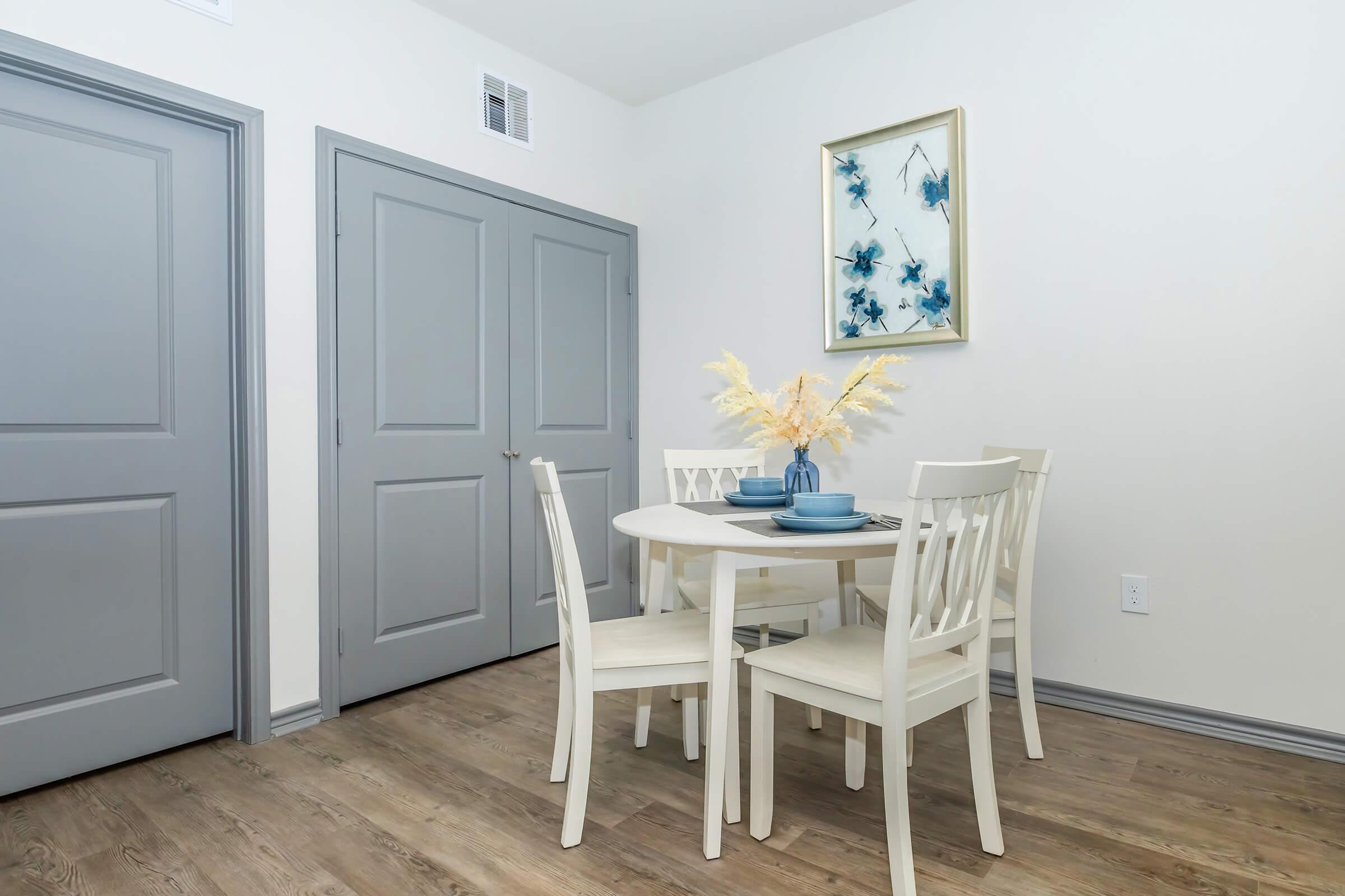 a chair sitting in front of a door