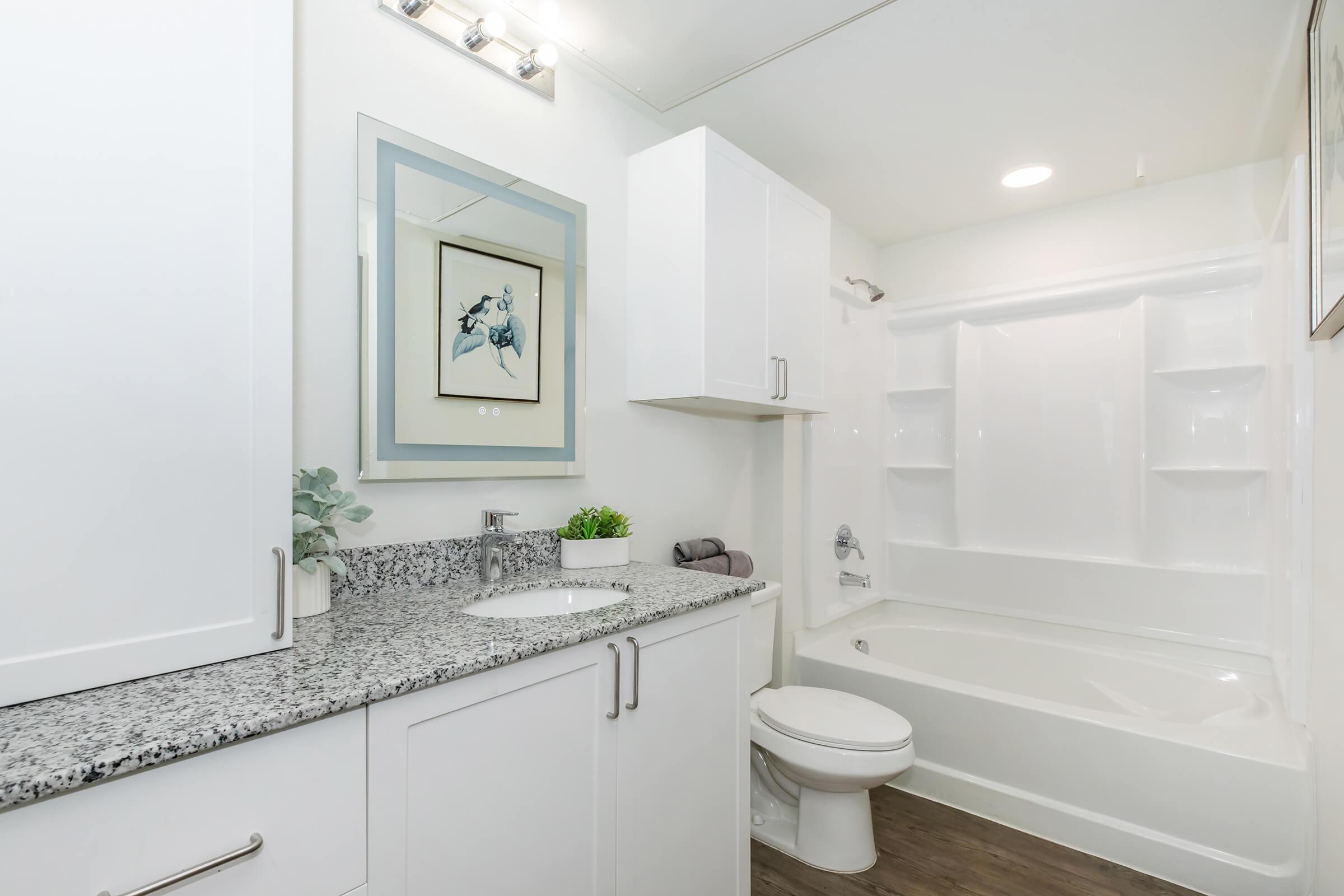 a kitchen with a sink and a mirror