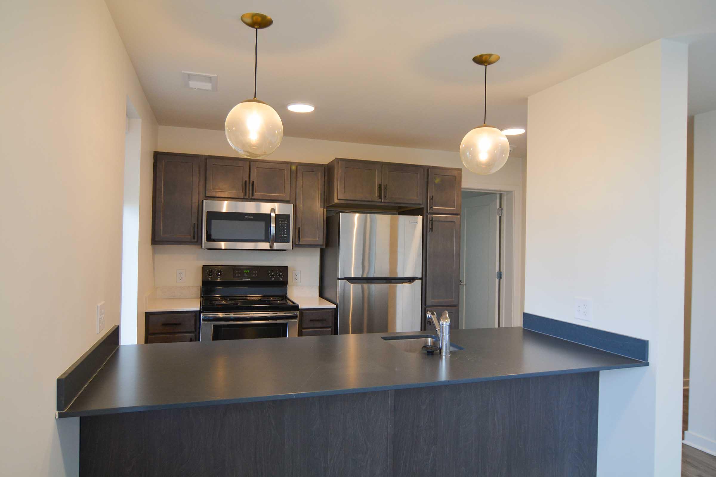 Modern kitchen featuring dark wooden cabinets, stainless steel appliances including a microwave and refrigerator, a black countertop, and two pendant lights hanging above the island. The walls are painted light and there is an open layout connecting to another room.