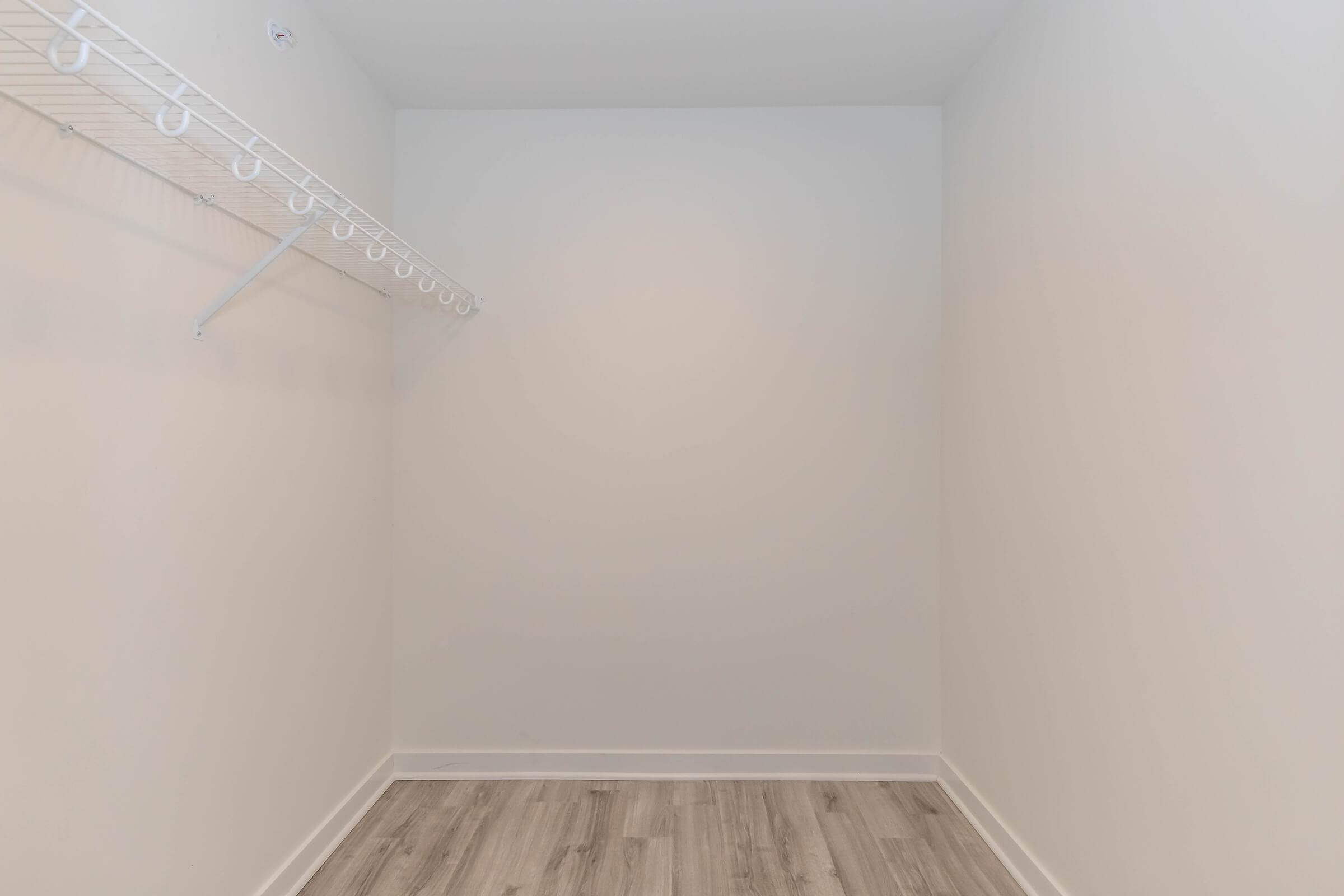 Empty closet space with a white wall and a shelf with hooks on the left side. The floor features light-colored laminate flooring. The room is well-lit, creating a clean and minimalist appearance.