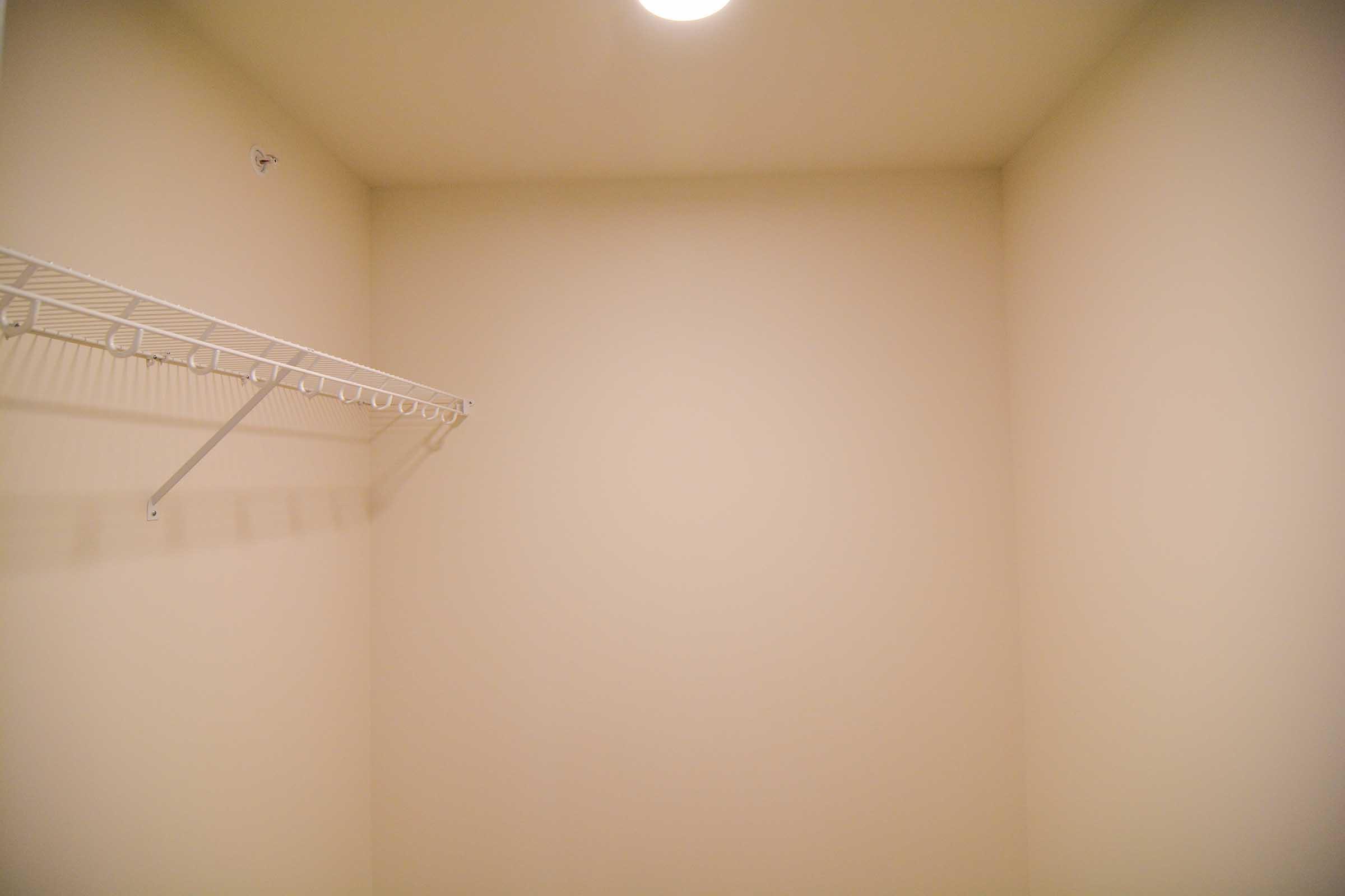 Empty closet with a plain beige wall and a thin wire shelf on the left side. The space is well-lit, featuring a ceiling light, but has no items stored within.