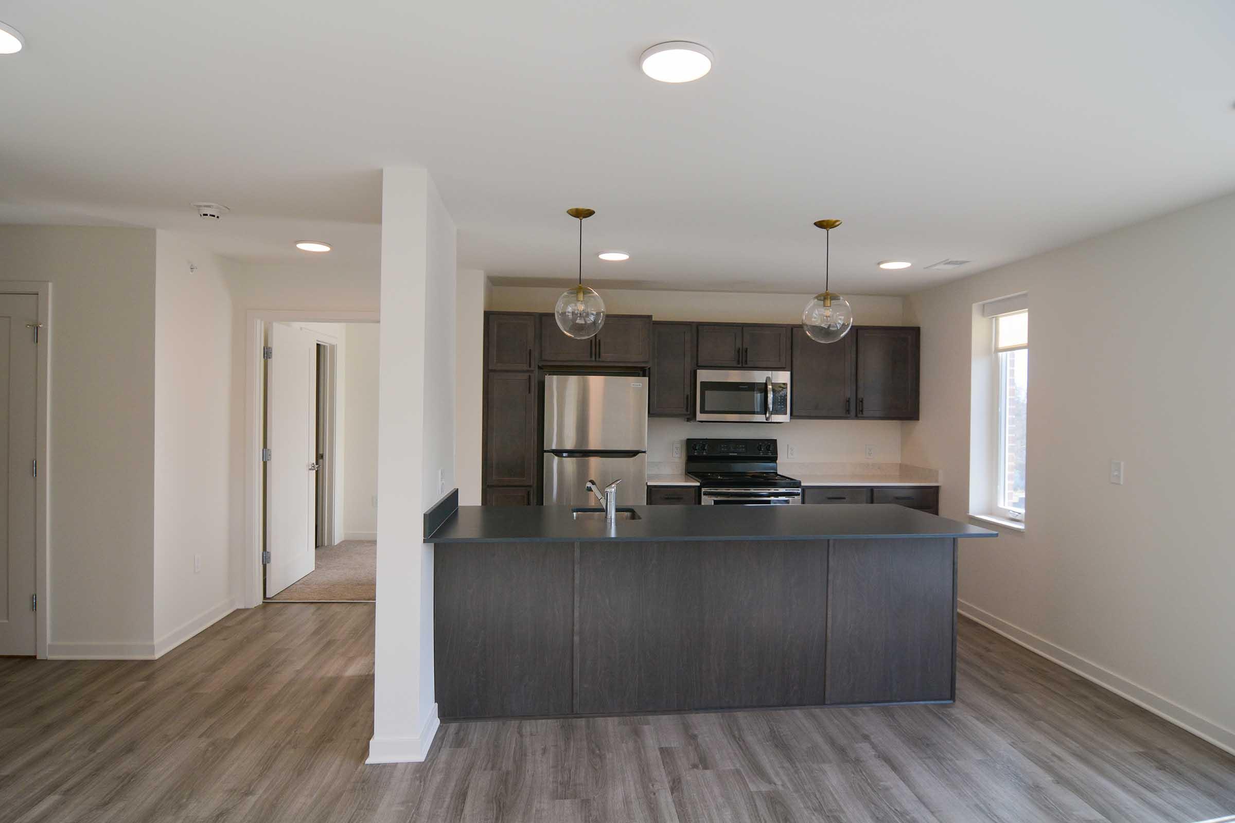 Modern kitchen with dark cabinetry, stainless steel appliances, and an island with two pendant lights. The space features a wooden floor, bright windows, and an open layout connecting to a living area.