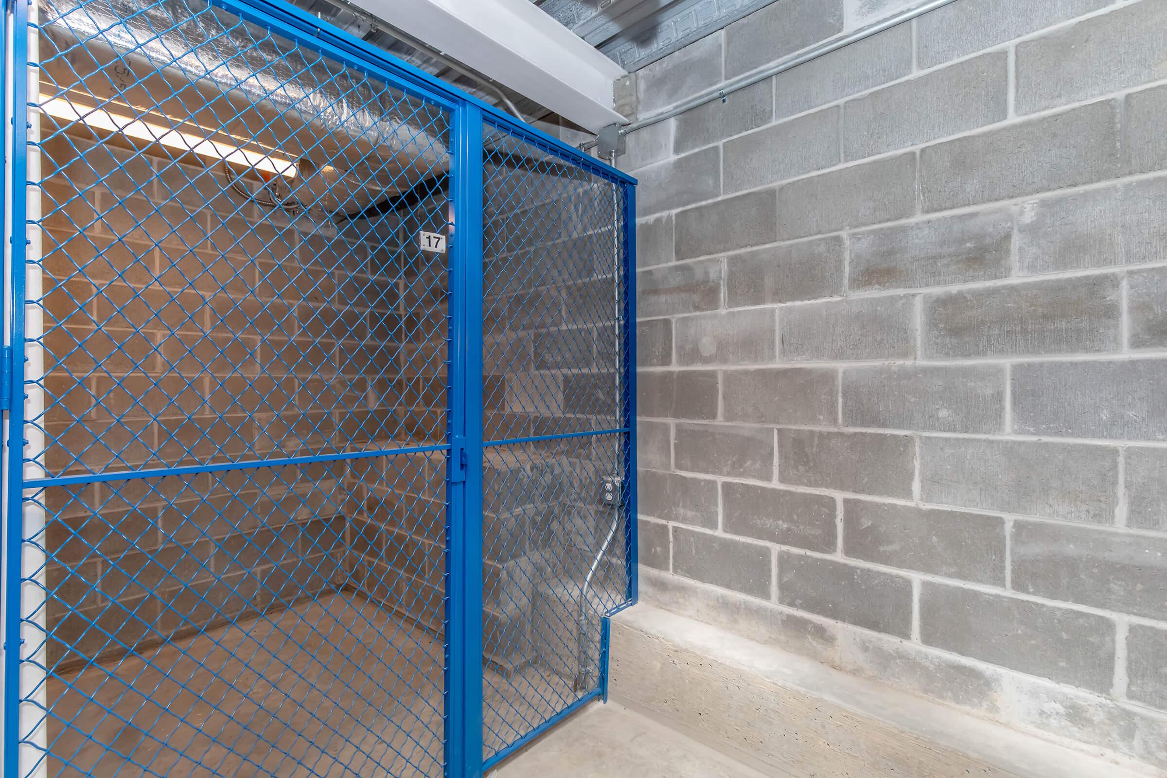 A storage unit with a blue chain-link gate, set against a backdrop of gray cinder block walls. The interior is empty, with concrete flooring and a well-lit area, suggesting it is ready for storage use.