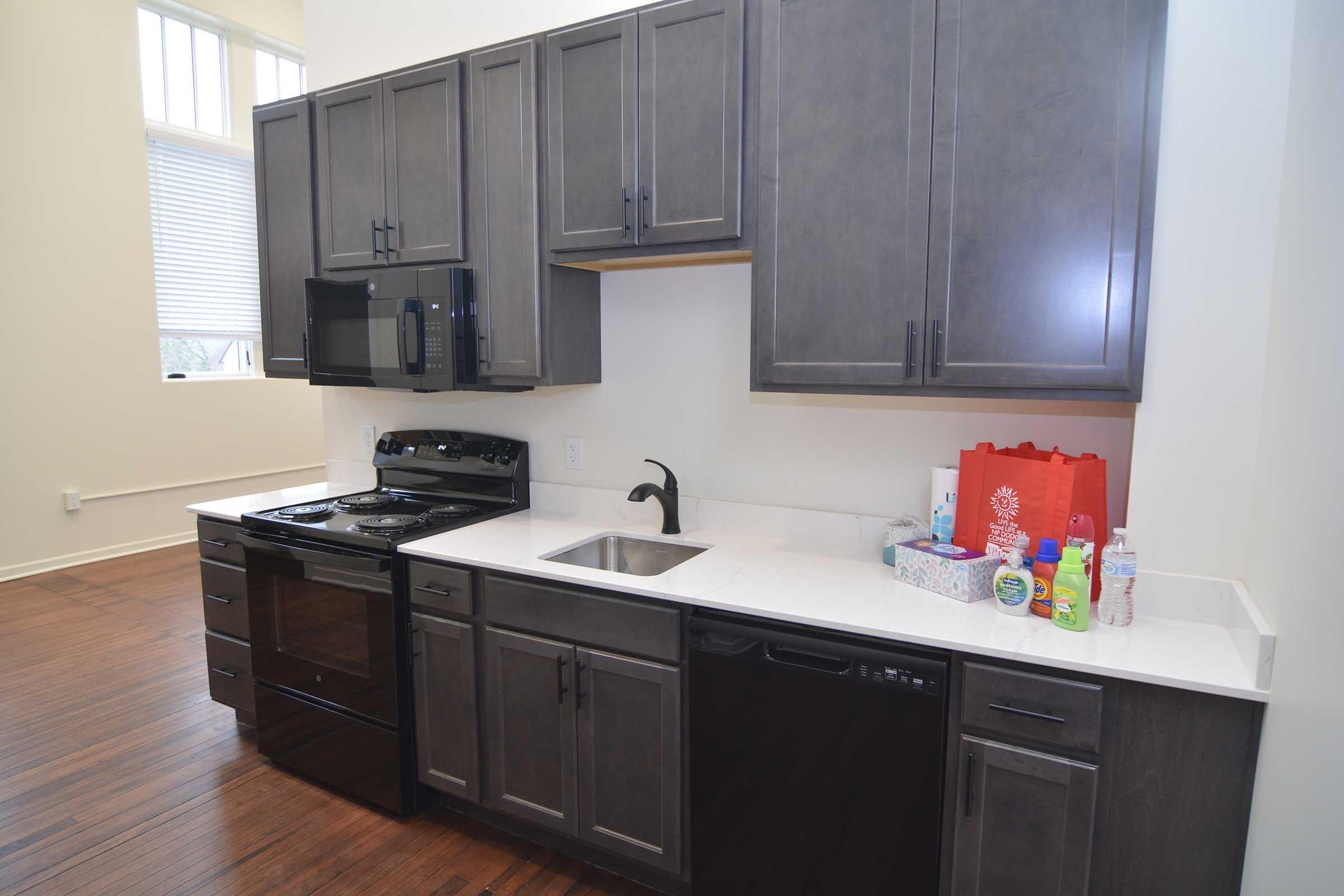 Modern kitchen with dark cabinetry, a black stove and oven, and a sink. Countertop is white with various cleaning supplies and a colorful bag. Large windows provide natural light, and the wooden flooring adds warmth to the space.