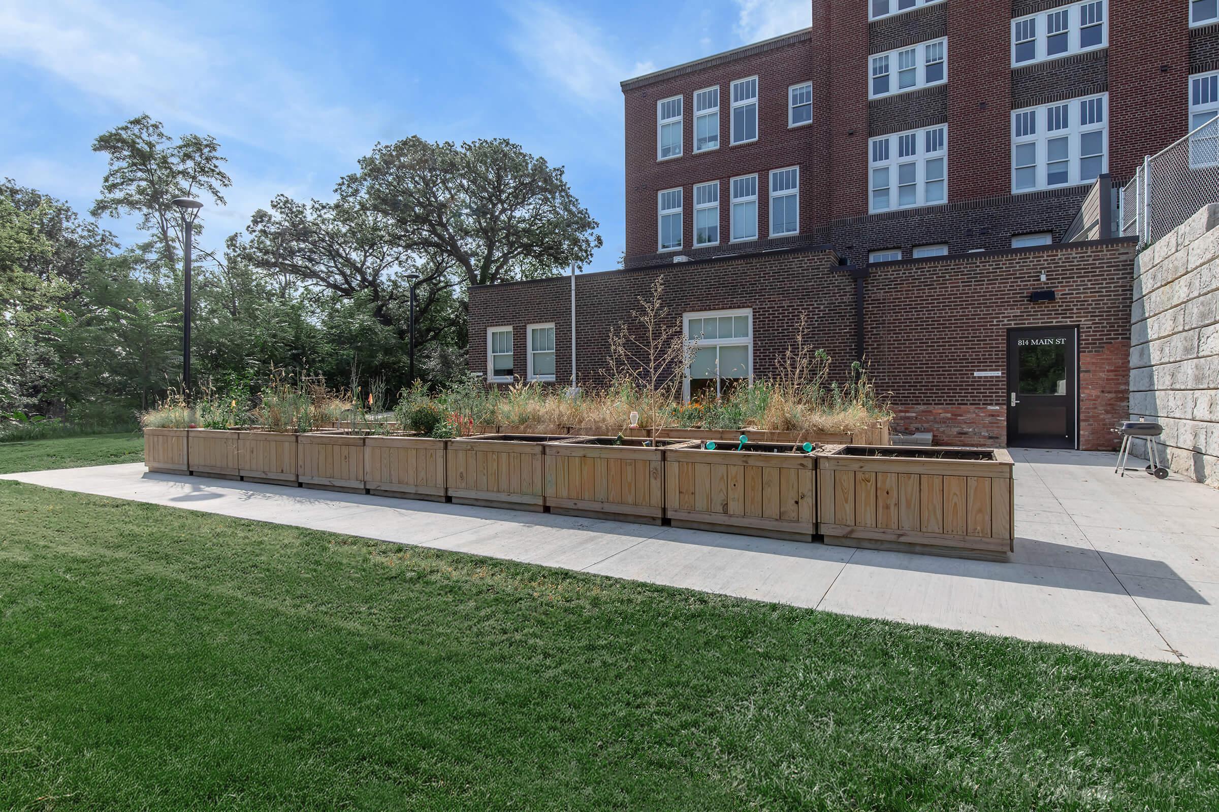 Raised garden beds filled with plants and grasses, set against a backdrop of a brick building. The garden is situated on a concrete path with lush green grass surrounding it, under a clear blue sky.